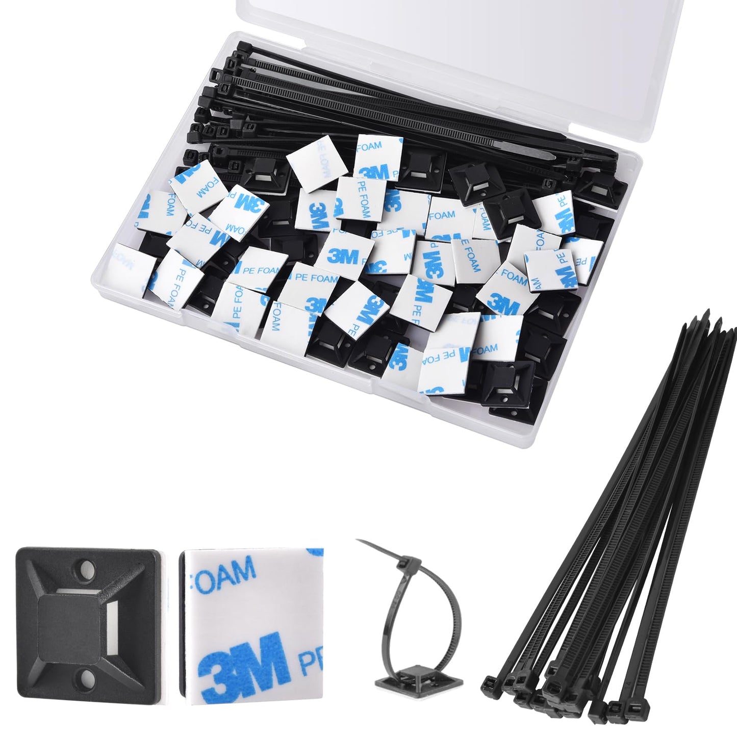 Strong Back-Glue Self Adhesive Cable Zip Tie Mounts Kit - 100 Set Cable Management Clips with 6" Zip Ties, Wire Holders - Outdoor Sticky Wire