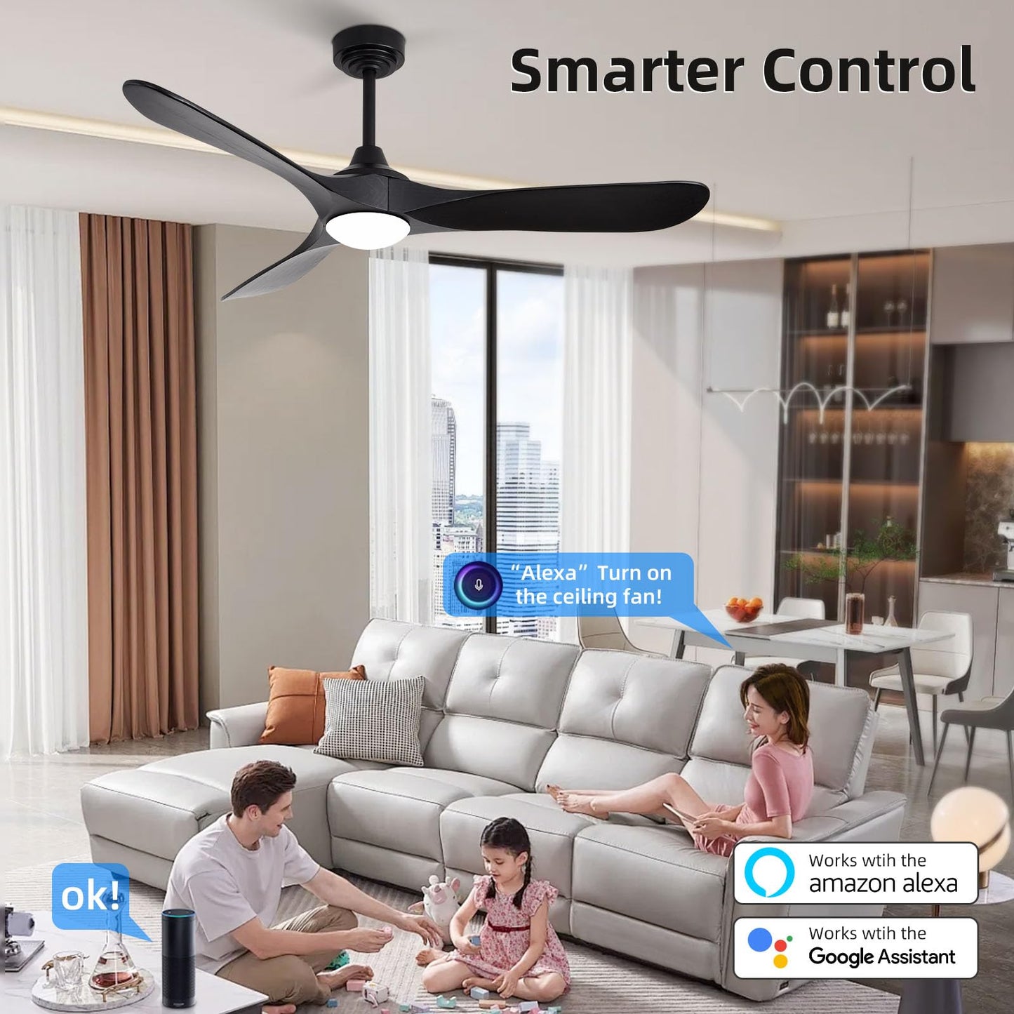 Homlit 52” Outdoor Ceiling Fan with Light and Remote via WiFi Alexa, 3 Black Solid Wood Blade, Noiseless Reversible Dc Motor, Smart Outdoor Wood