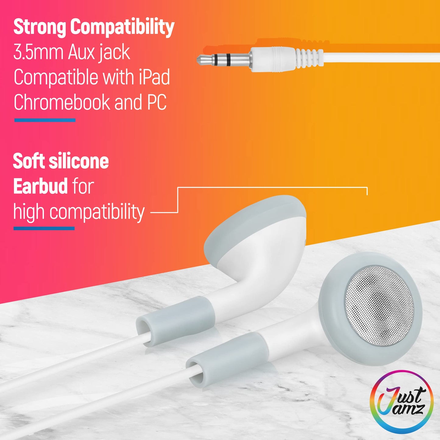 JustJamz Bulk Earbuds 100 Pack - Basic White Wired Ear Buds for Classroom, Students, and Schools - Comfortable Disposable Headphones - Multi Pack…