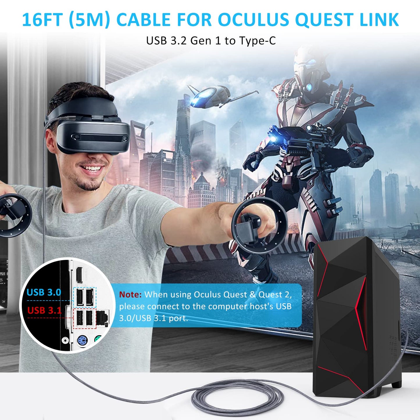 TOTU Cable for Oculus Quest 2 Link, 16FT USB 3.2 Gen 1 to Type C Link Cable Compatible with Steam Deck, High Speed Data Transfer and Fast Charging