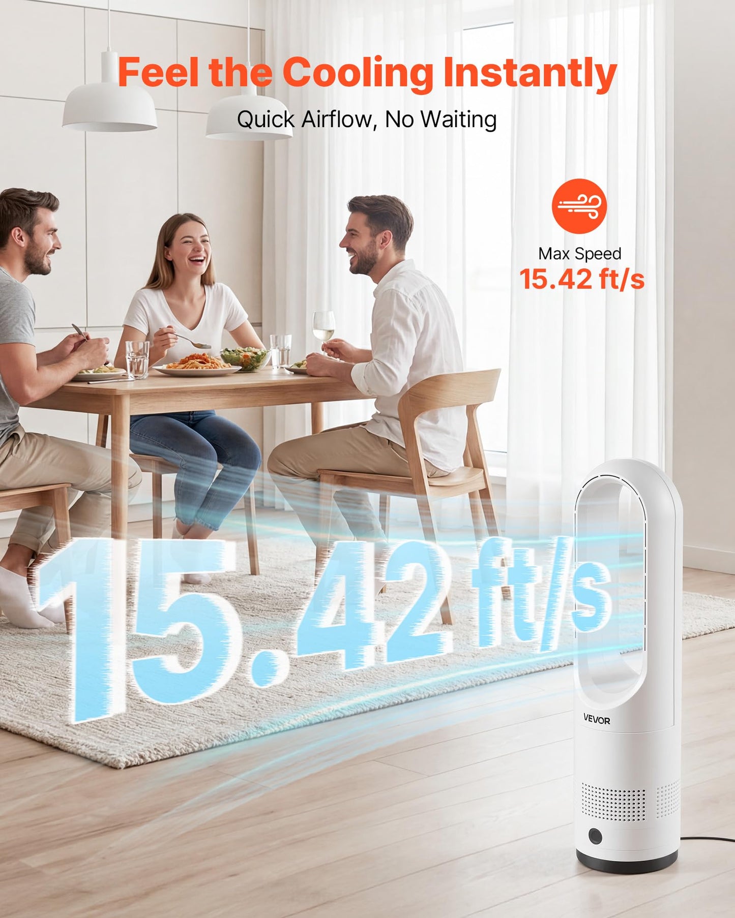 VEVOR Bladeless Tower Fan, 80° Oscillating Standing Fan, 8 Speeds & 9-Hour Timer, 15.42 ft High Velocity Floor Air Circulator, Powerful Airflow