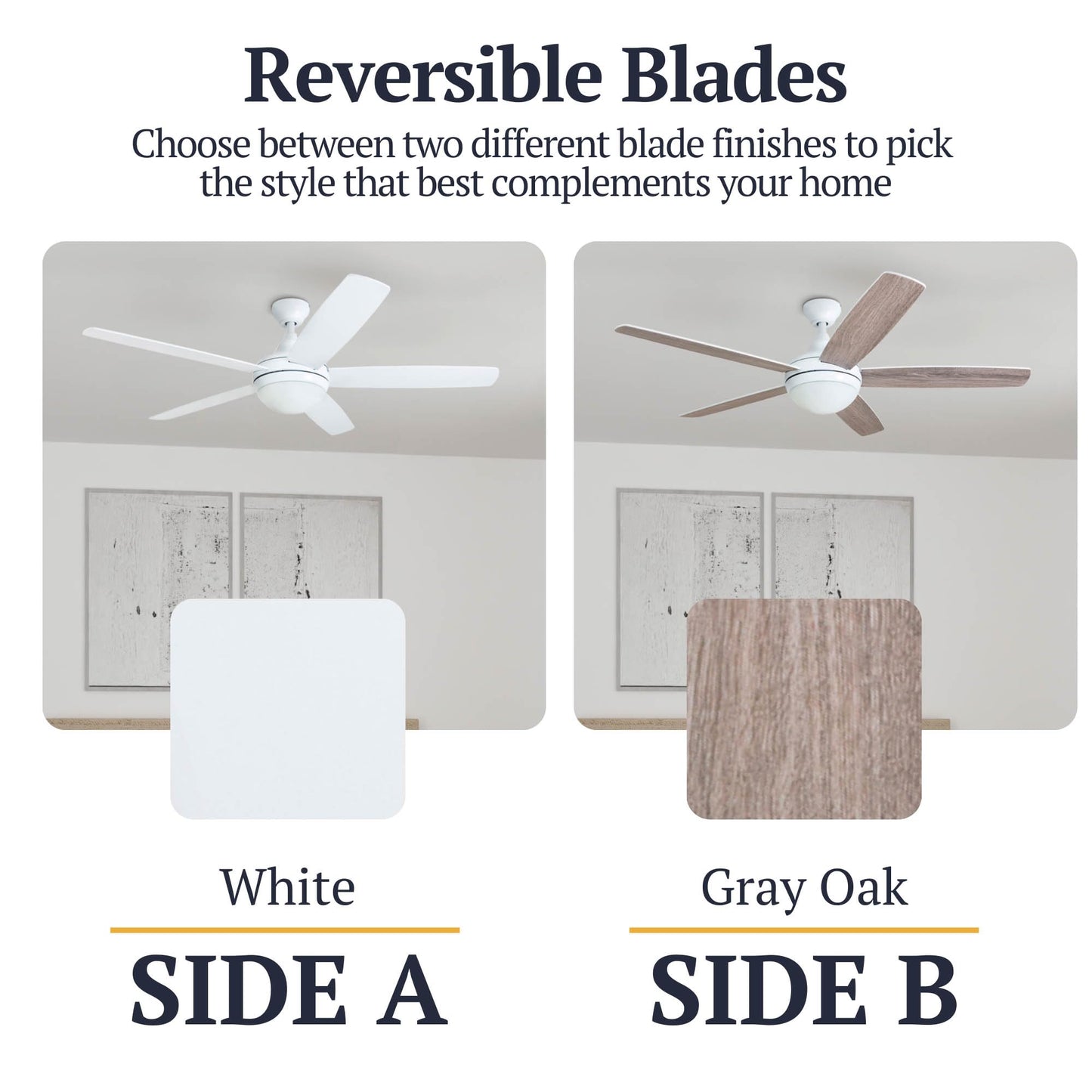 Prominence Home Ashby Modern 52 Inch Ceiling Fan with Light, LED Fan with Remote Control, Tri-Mount Indoor Fan with 5 Blades, White and Gray Oak Blade