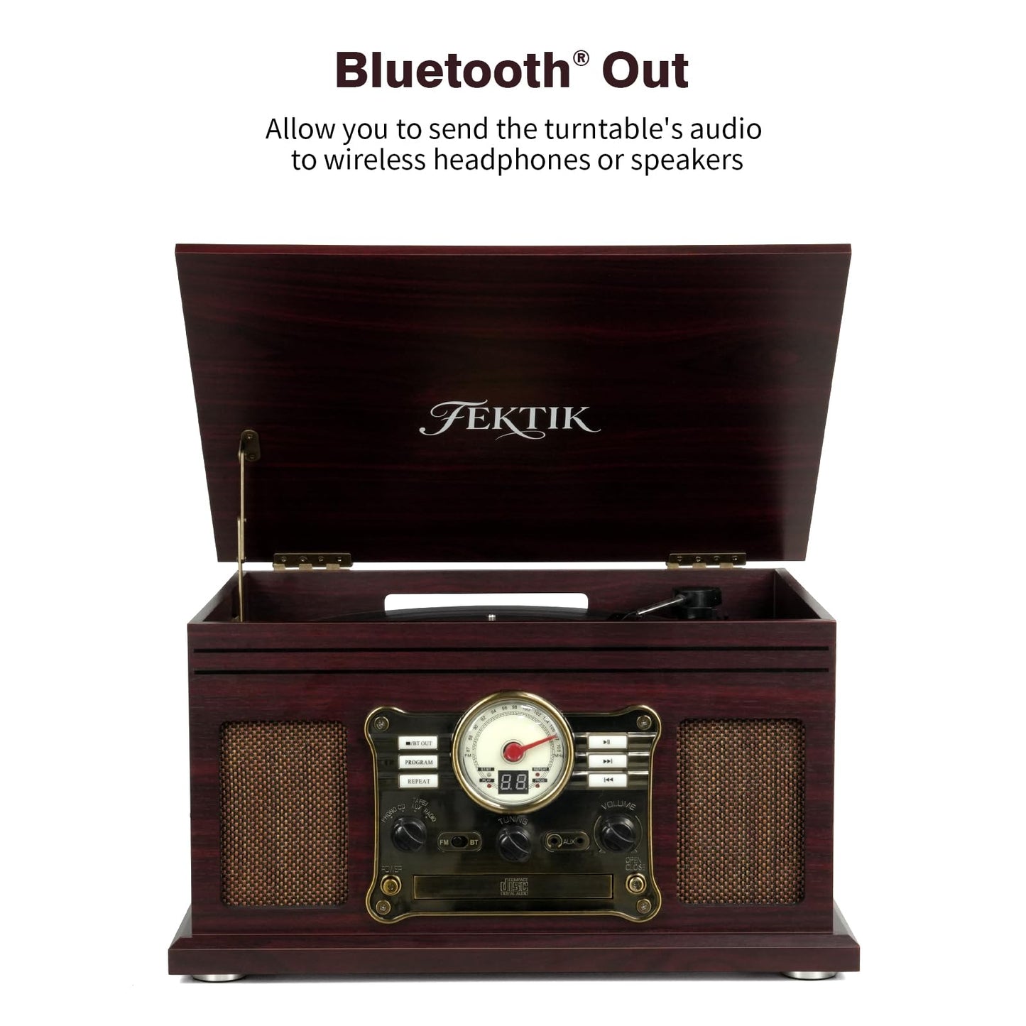 FEKTIK Bluetooth Record Player 10 in 1, 3-Speed Belt-Drive Turntable with Speakers, Bluetooth Input & Output, CD, Cassette, FM Radio, Wireless