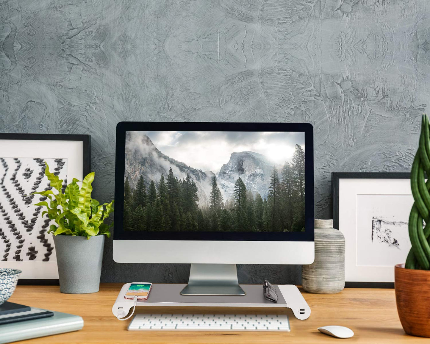 PG Silver Monitor Stand Riser with 4-Port USB Charging ports, Convenient keyboard organiser,Desktop Organizer for Computer, Laptop, TV, Printer