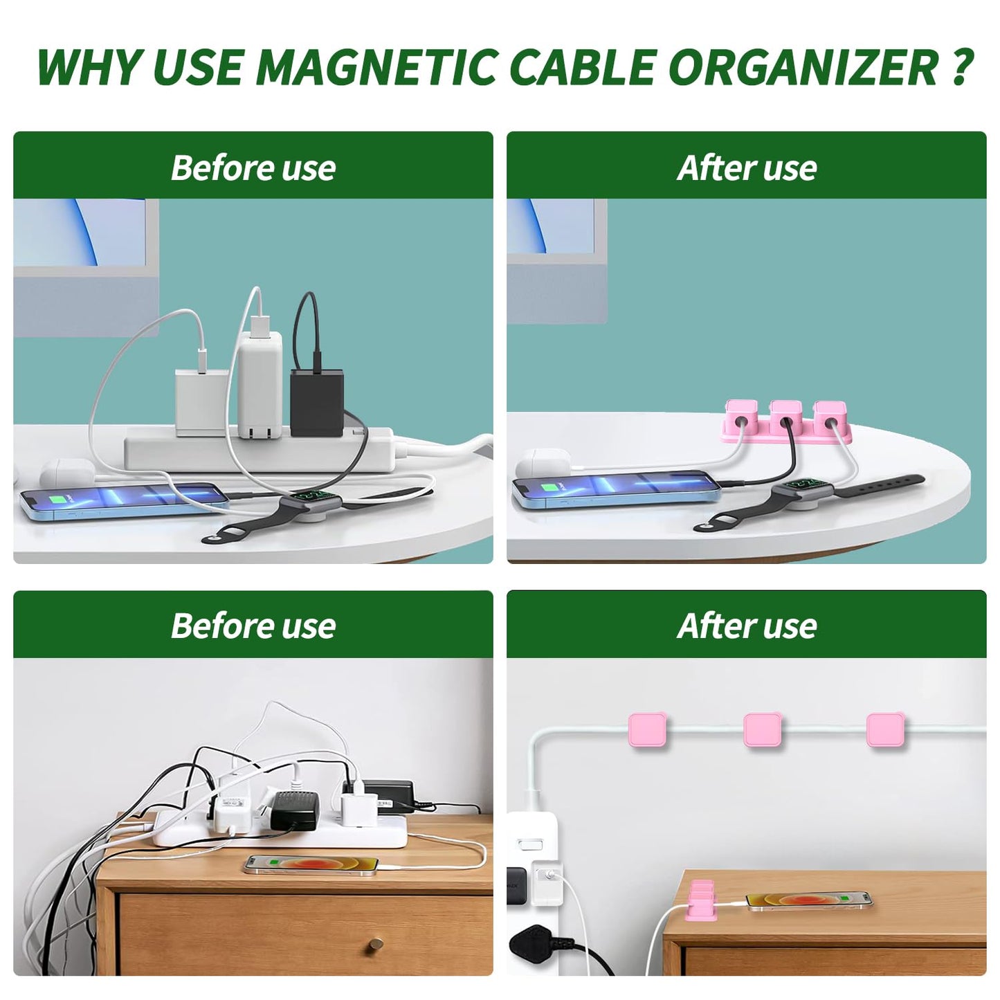 Magnetic Cable Organizer for Desk - Upgraded Wire Clips with Adhesive Base - Desktop Cord Holder for USB, Charging Cables - 6 Clips + 1 Magnetic Base
