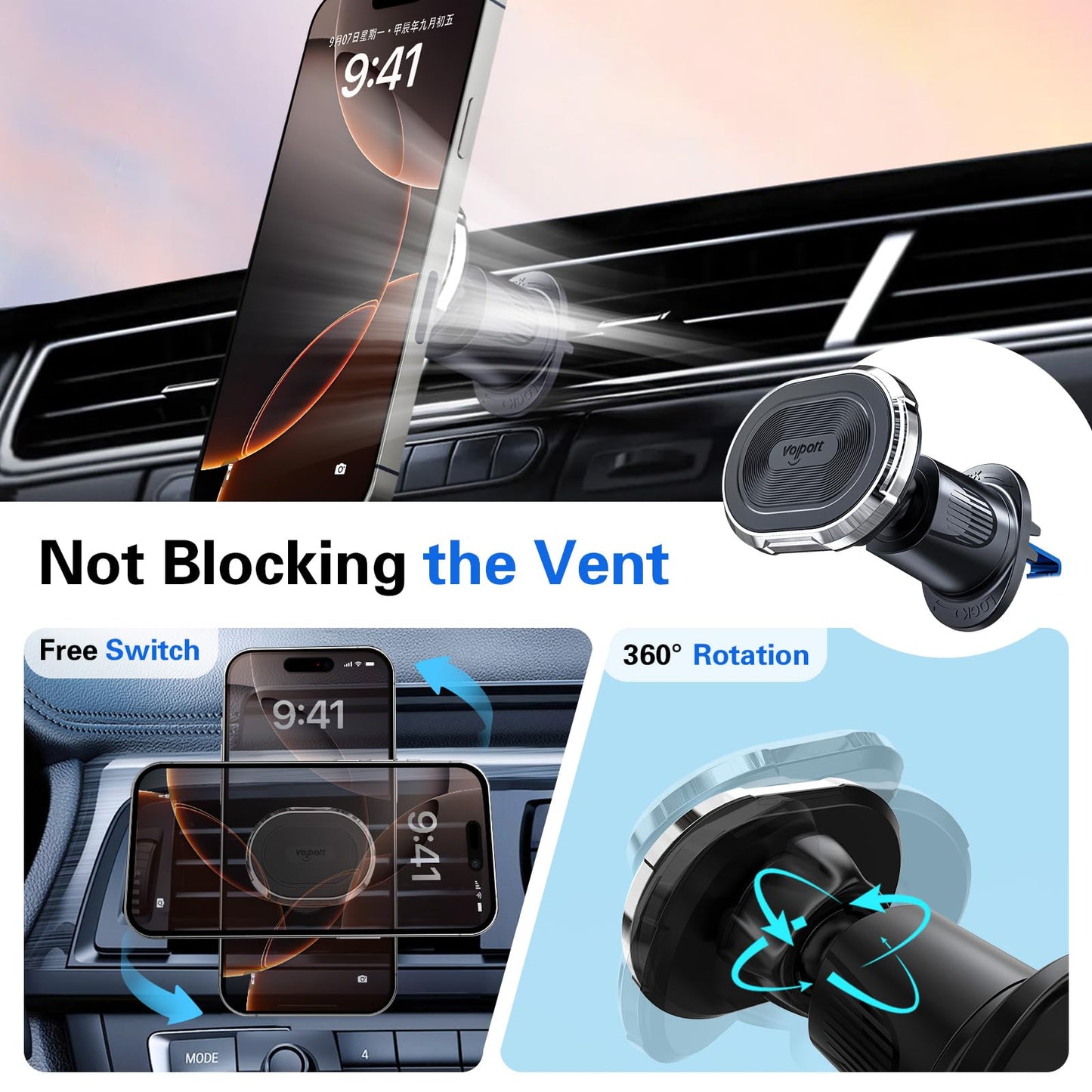 Magnetic Car Mount Air Vent Cell Phone Holder, Universal Vehicle Dash Dashboard Ac Airvent Cellphone Magic Stand with Clip Hook, for iPhone 16 15