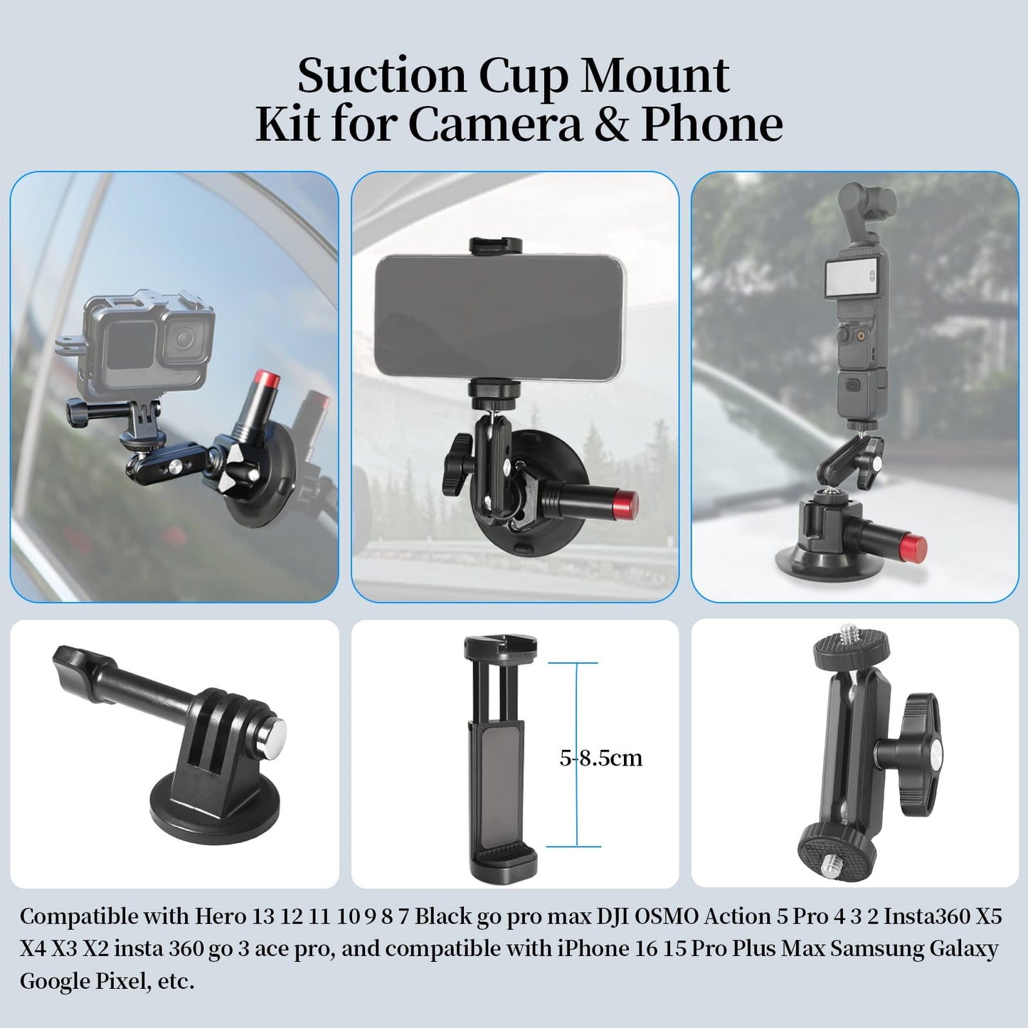 CNC Machined 3in Camera Suction Cup Mount with Adjustable Magic Arm, 1/4" ARRI Holes Quick Release Car Mount with Phone Holder & Action Camera Adapter