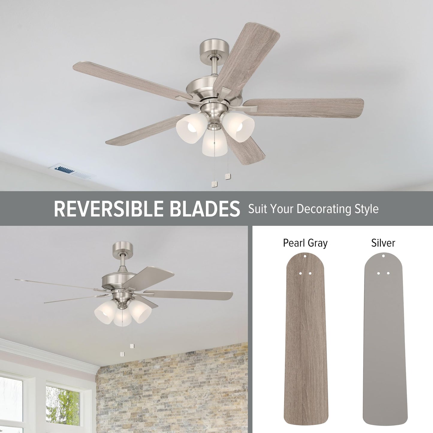 DESIGNERS FOUNTAIN Stellant II Ceiling Fan with Lights, 52 inch LED 3000K Indoor Outdoor 5-Blades Fan, Pull Chain, Brushed Nickel, FP-STL52B30A-BN