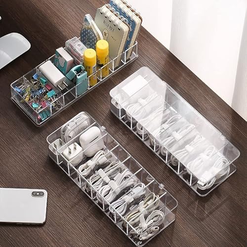 Cable Management Box, White Plastic With 10 Wire Ties, Clear Power Cord Organizer With 8 Compartment (2 Pack)