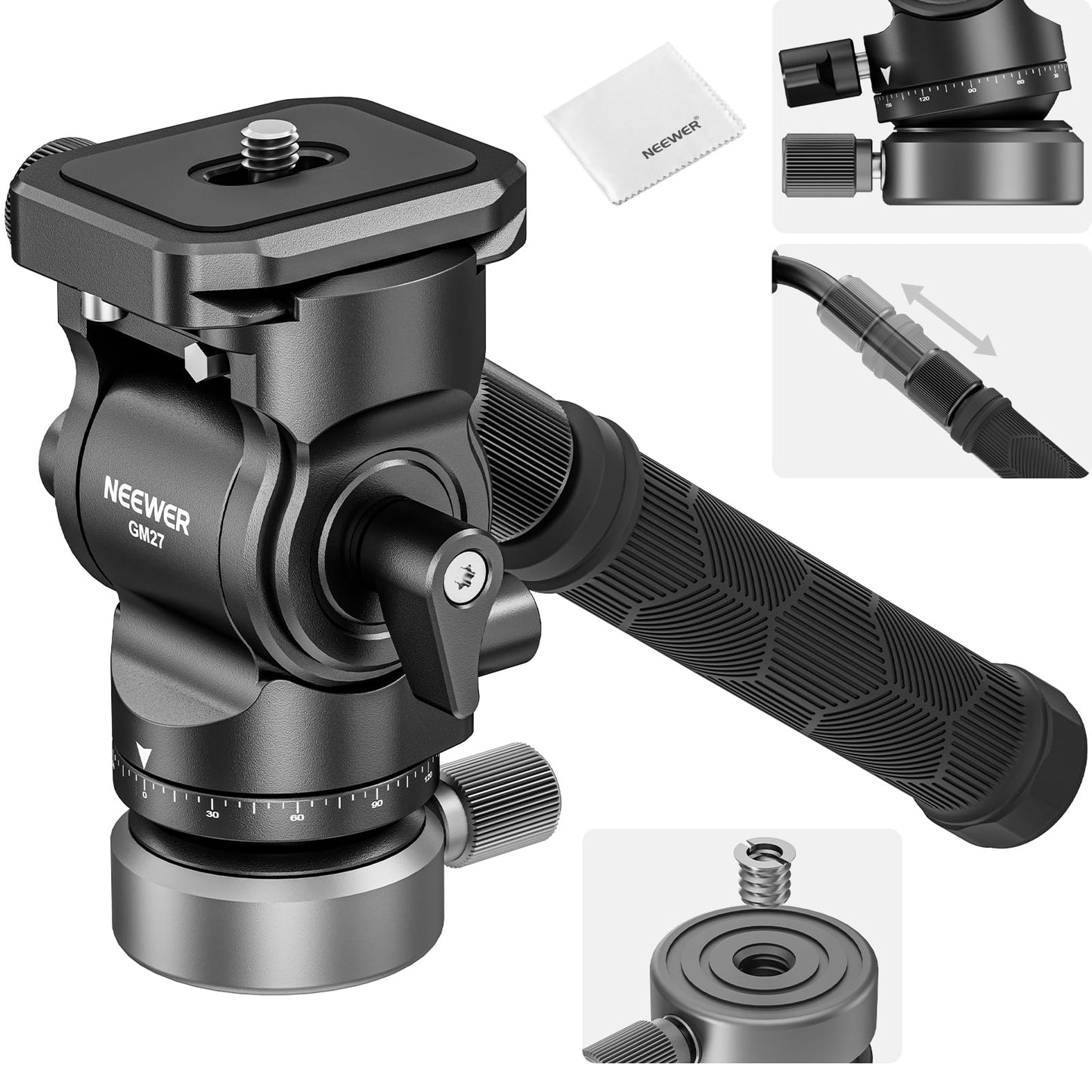 NEEWER Tripod Fluid Head with +/-10° Leveling Base, Metal Drag Pan Tilt Head Mount with Arca Type QR Plate Telescopic Handle Cleaning Cloth