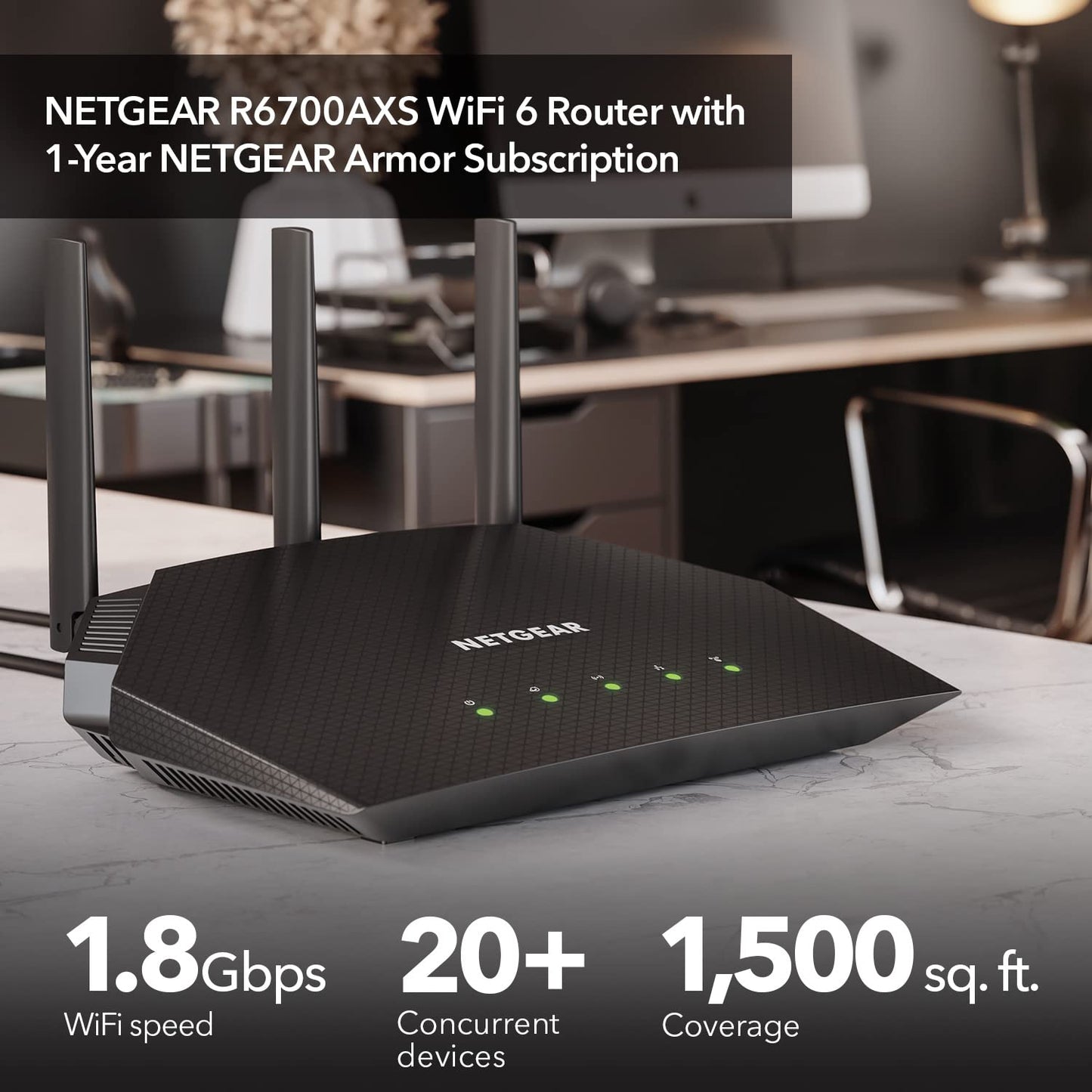 NETGEAR 4-Stream WiFi 6 Router (R6700AXS) - with 1-Year Armor Internet Security - AX1800 Wireless Speed (Up to 1.8 Gbps) | Coverage up to 1,500 sq