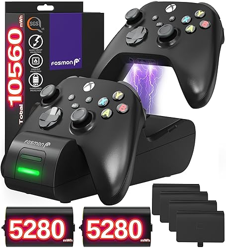 Fosmon Fast Charging for Xbox Controller Charger Station for Xbox Series X | S, Xbox One, Elite, Core w/ 2X 5280mWh Rechargeable Battery Packs, 4