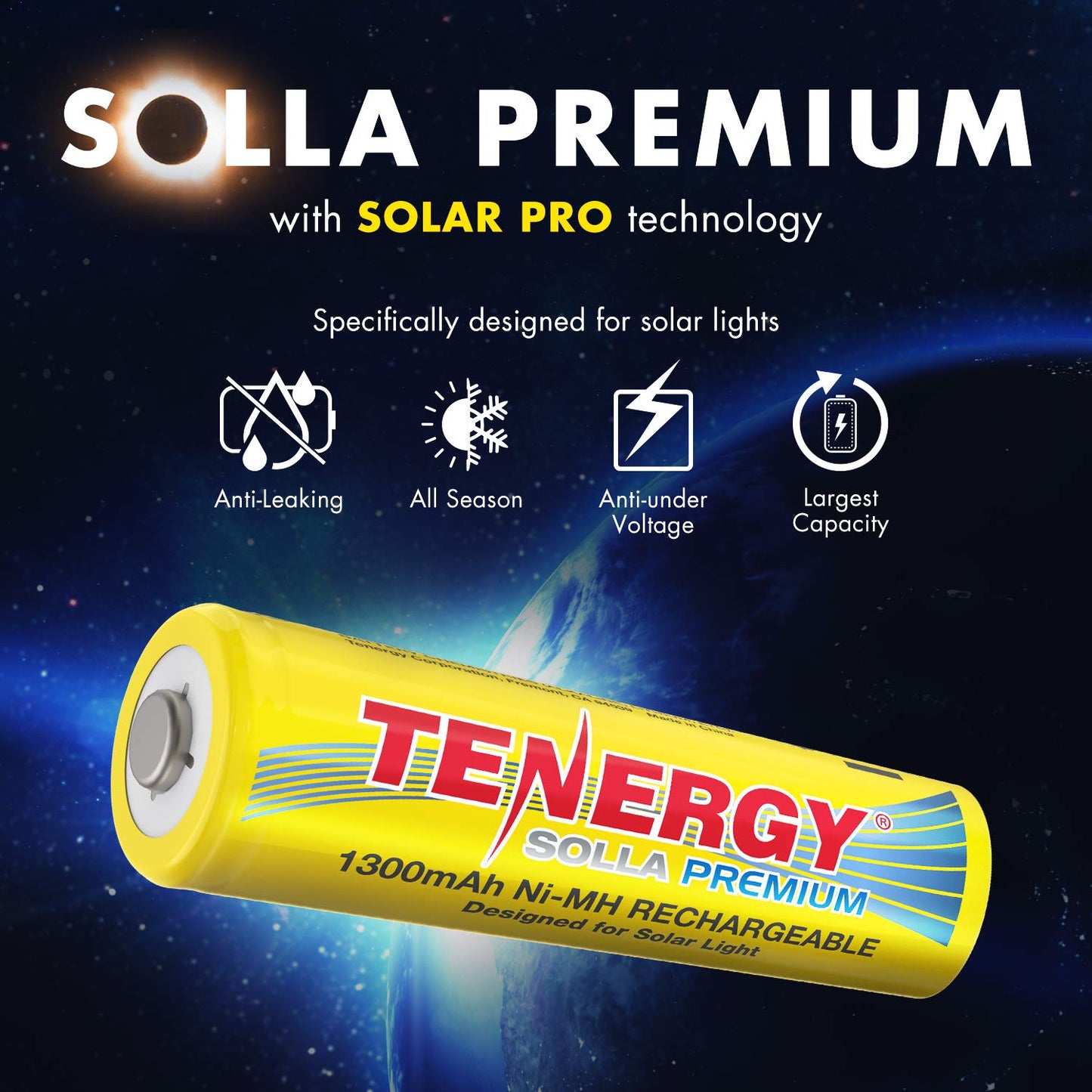 Tenergy Solla Premium Rechargeable NiMH AA Battery, 1300mAh Solar Batteries for Solar Garden Lights, Anti-Leak, Outdoor Durability, 5+ Years…