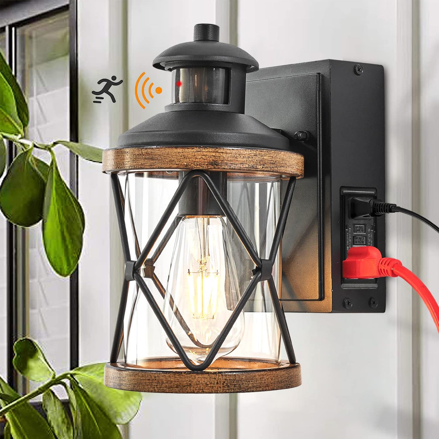 Dusk to Dawn Motion Sensor Outdoor Porch Light with GFCI Outlet,3 Lighting Modes Anti-Rust Waterproof Industrial Outdoor Lantern,Exterior Work lights