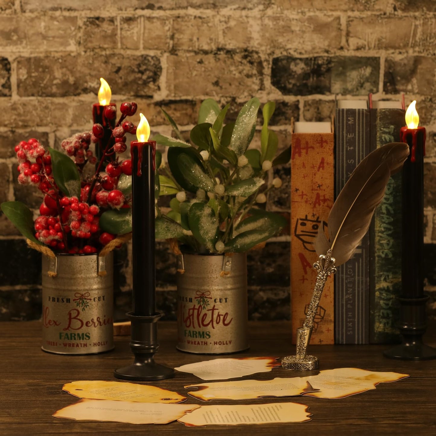 OWLBAY 6 Pack 9" H Christmas Black Flameless Taper Candles with Remote Timer, Bloody Battery Operated Flickering LED Candlestick with Removable Black