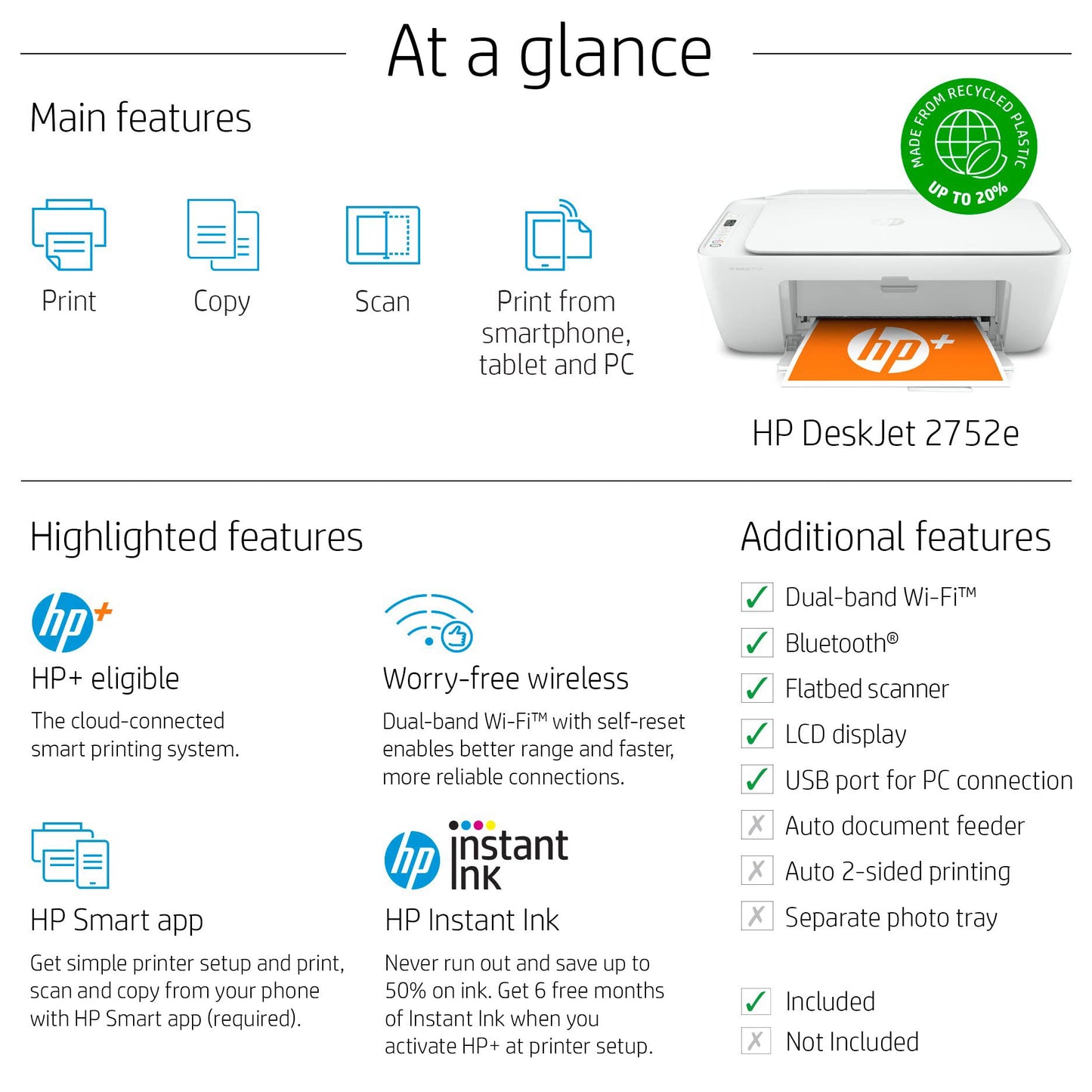 HP DeskJet 2752e Wireless All-in-One Instant Ink Ready Color Inkjet Printer, Black - Print Scan Copy - WiFi, Bluetooth, USB Connectivity, Icon LCD