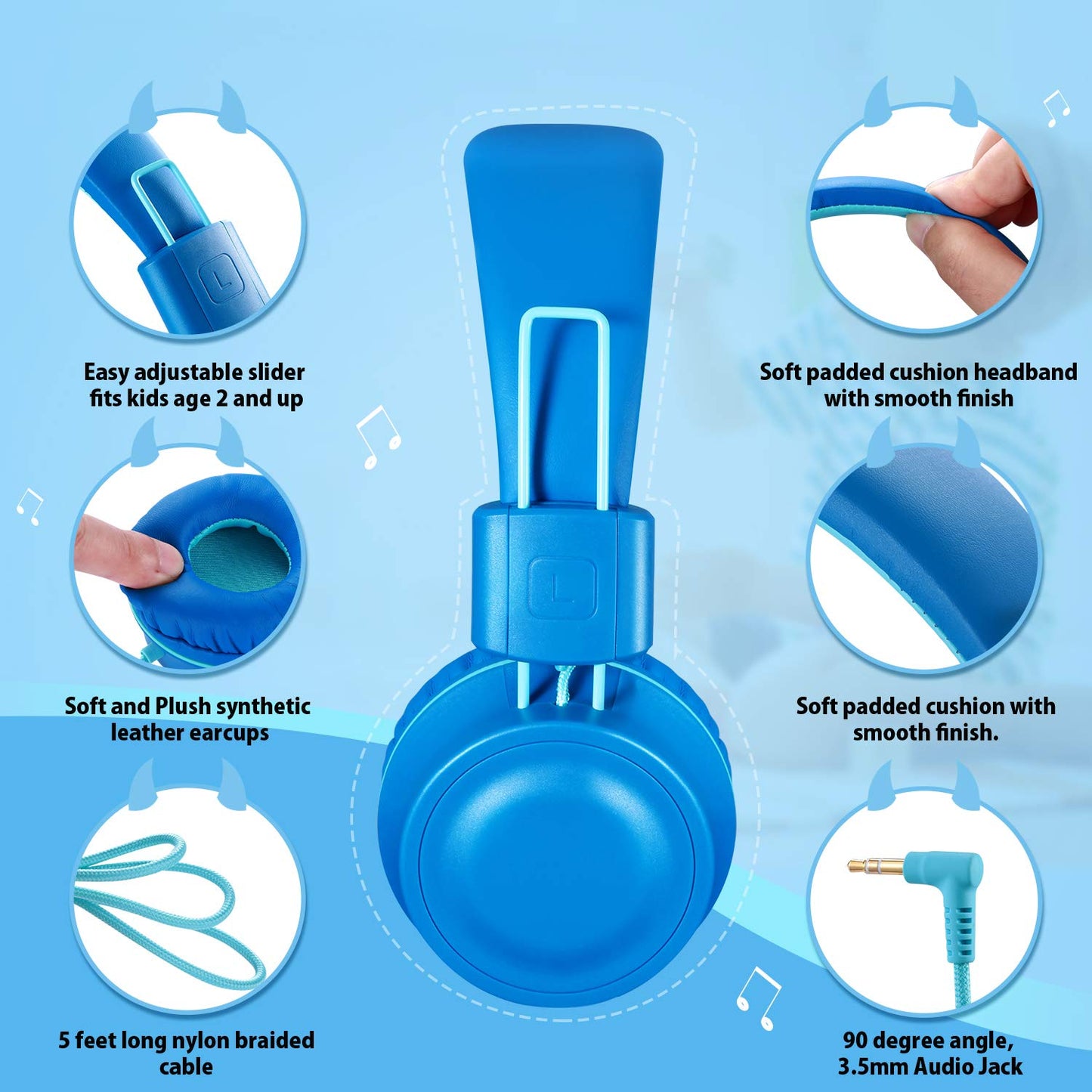 iRAG J01 Kids Headphones Foldable Stereo Tangle-Free 5ft Long Cord 3.5mm Jack Plug in Wired On-Ear Headset for iPad/Amazon Kindle