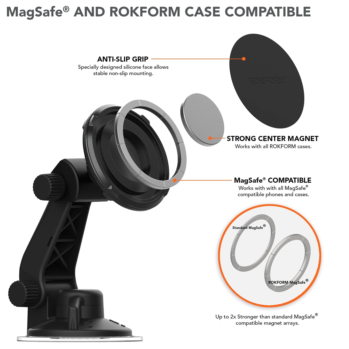 ROKFORM - Adjustable Magnetic Windshield Phone Holder, Compatible with MagSafe Phone Cases and Cases, Strong Suction Cup, 210° Tilt, 360° Rotation
