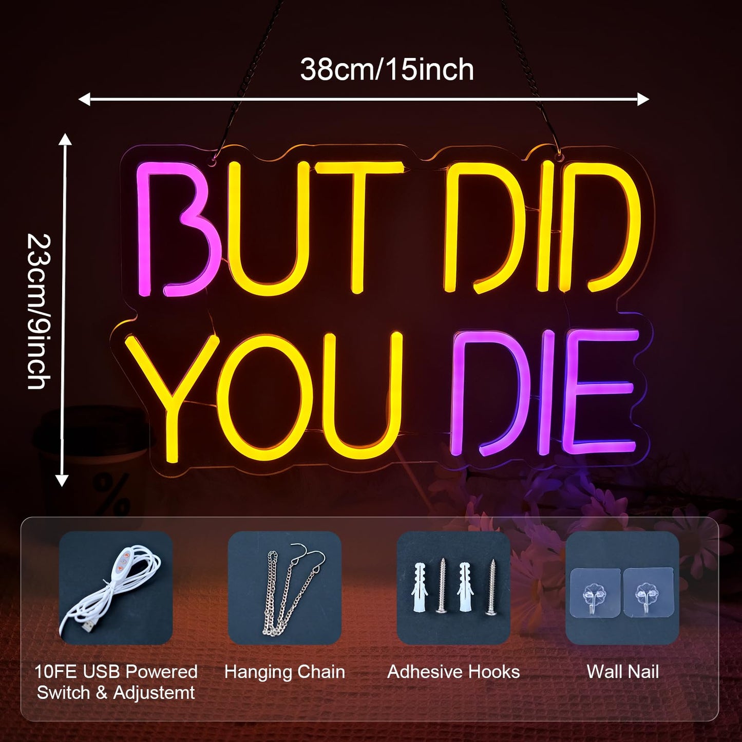 But Did You Die Neon Sign, Dimmable LED Wall Decor Funny Neon Light, USB Powered, Home Aesthetic Decor Man Cave Office Gym