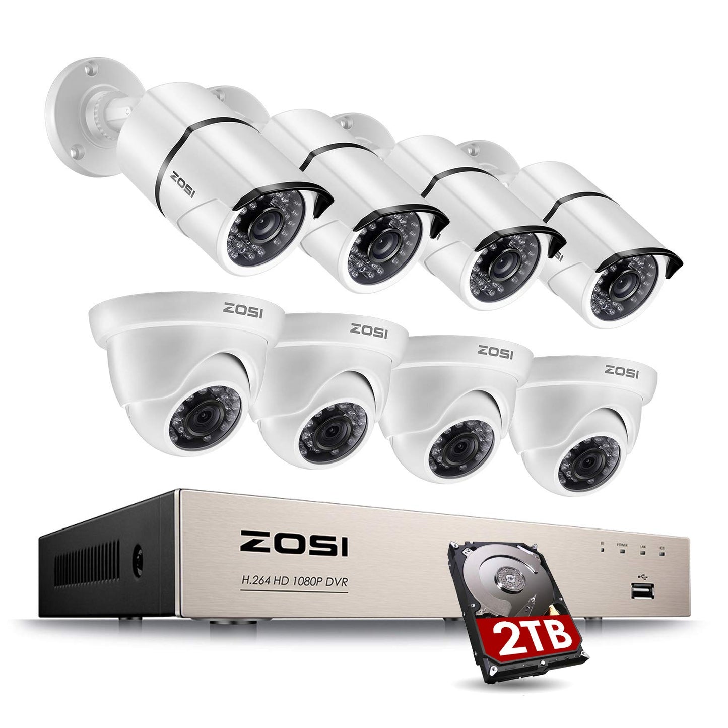ZOSI 8CH 1080P Security Camera System Outdoor with 2TB Hard Drive,8 Channel 1080P CCTV Recorder and 8pcs HD 1920TVL Home Surveillance Cameras