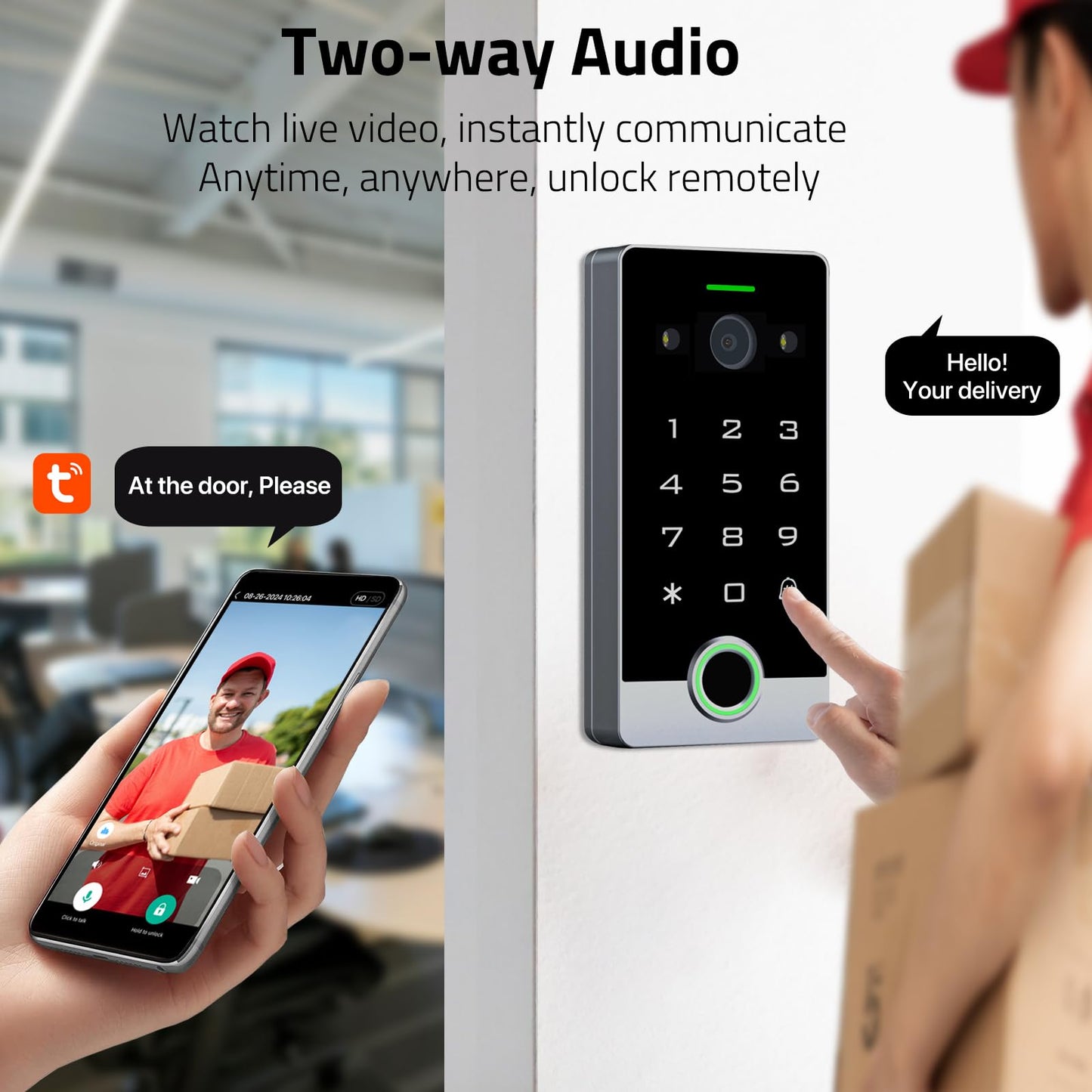 Smart WiFi Video Intercom & Doorbell Tuya Access Control System, All-Metal Fingerprint Keypad 1080P Night Vision Camera, Video Monitoring