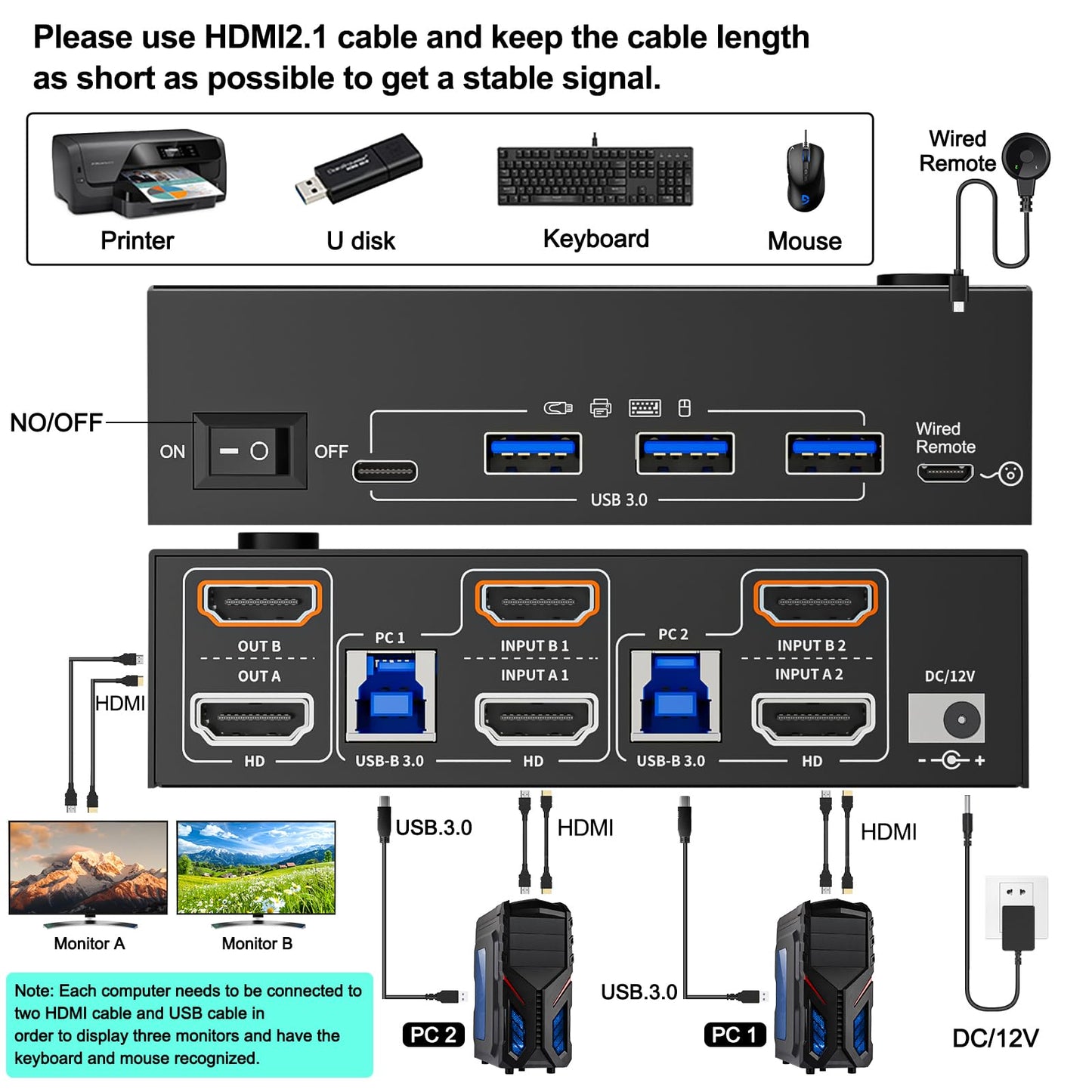 KVM Switch 2 Monitors 2 Computers 8K@60Hz/4K120Hz,HDMI USB3.0 Dual Monitors KVM Switches with 4 USB 3.0 Port,Wired Remote,USB3.0 Cables Included(8K 2