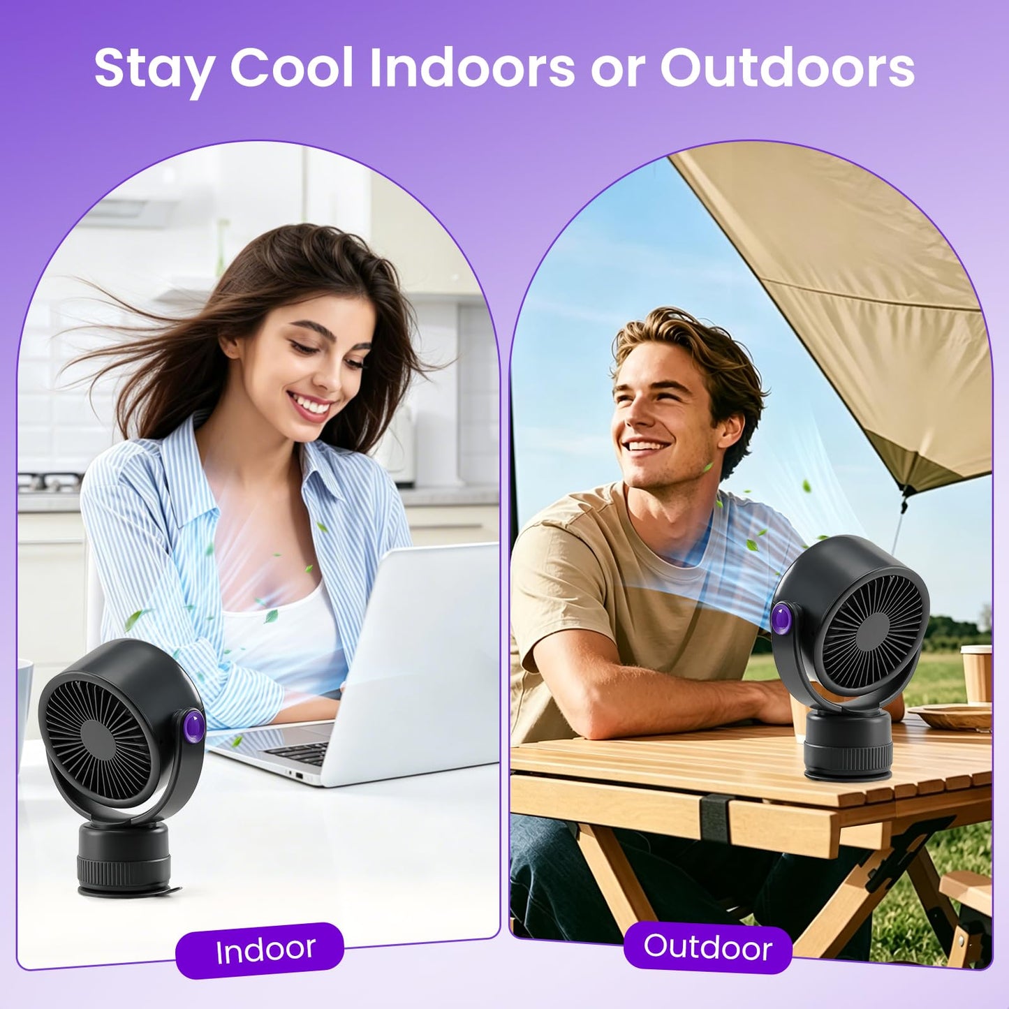 Sowmow Desk Fan - 120° Oscillating Portable Table Fan, Rechargeable Wall Mount Air Circulator with Twist-Lock Suction Cup for Kitchen, Bathroom