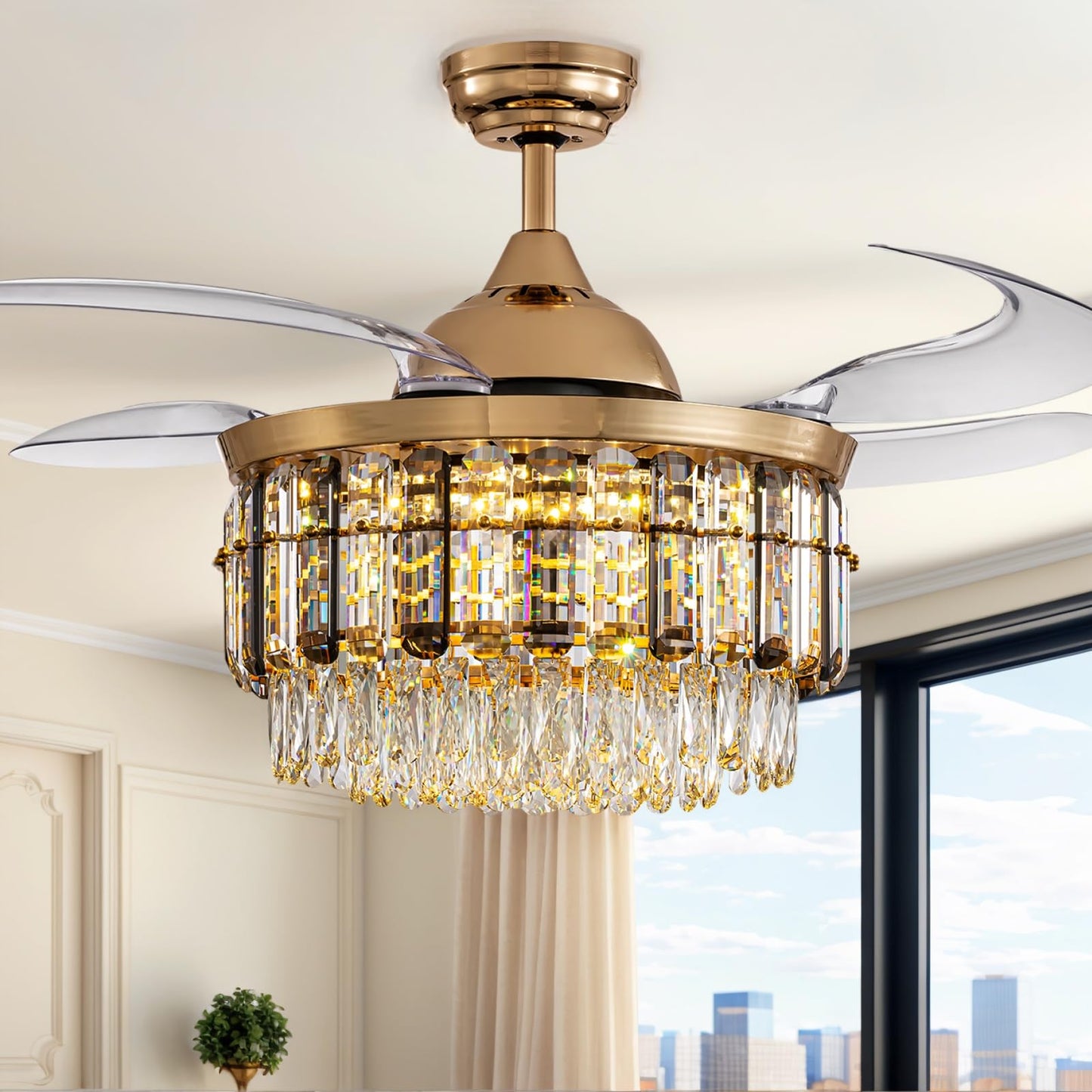 Siljoy 48 Inch Crystal Ceiling Fan with Light, Retractable Ceiling Fan with Lights Chandelier Fan, 6 Speeds, Dimmable Rose Gold Crystal Fandelier