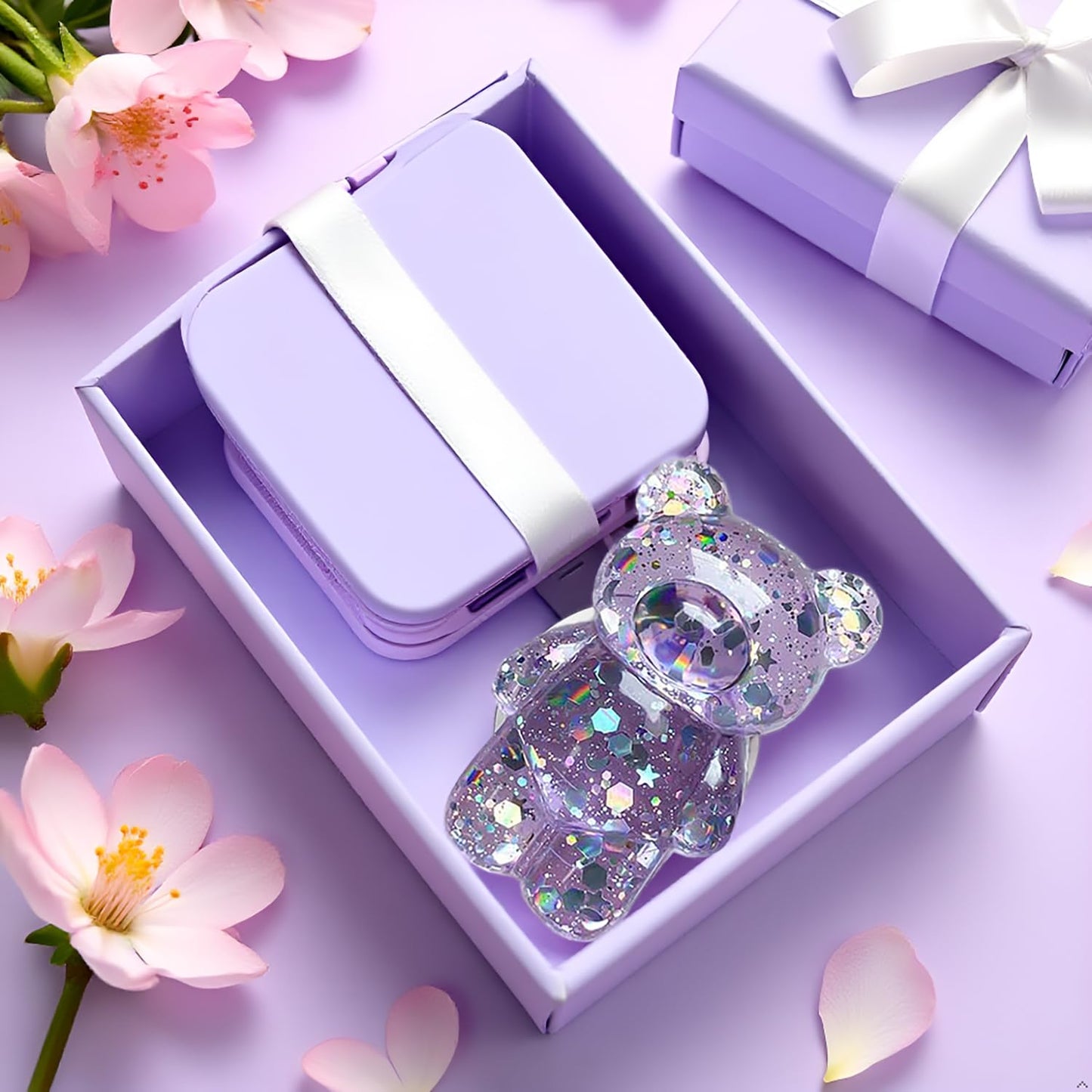 1 Pc Lilac Cute Phone Grip, Airbag Support Bear Phone Holder, Epoxy Sequins 3D Cute Bear Phone Grip Tok Folding Bracket for Mobile Phones