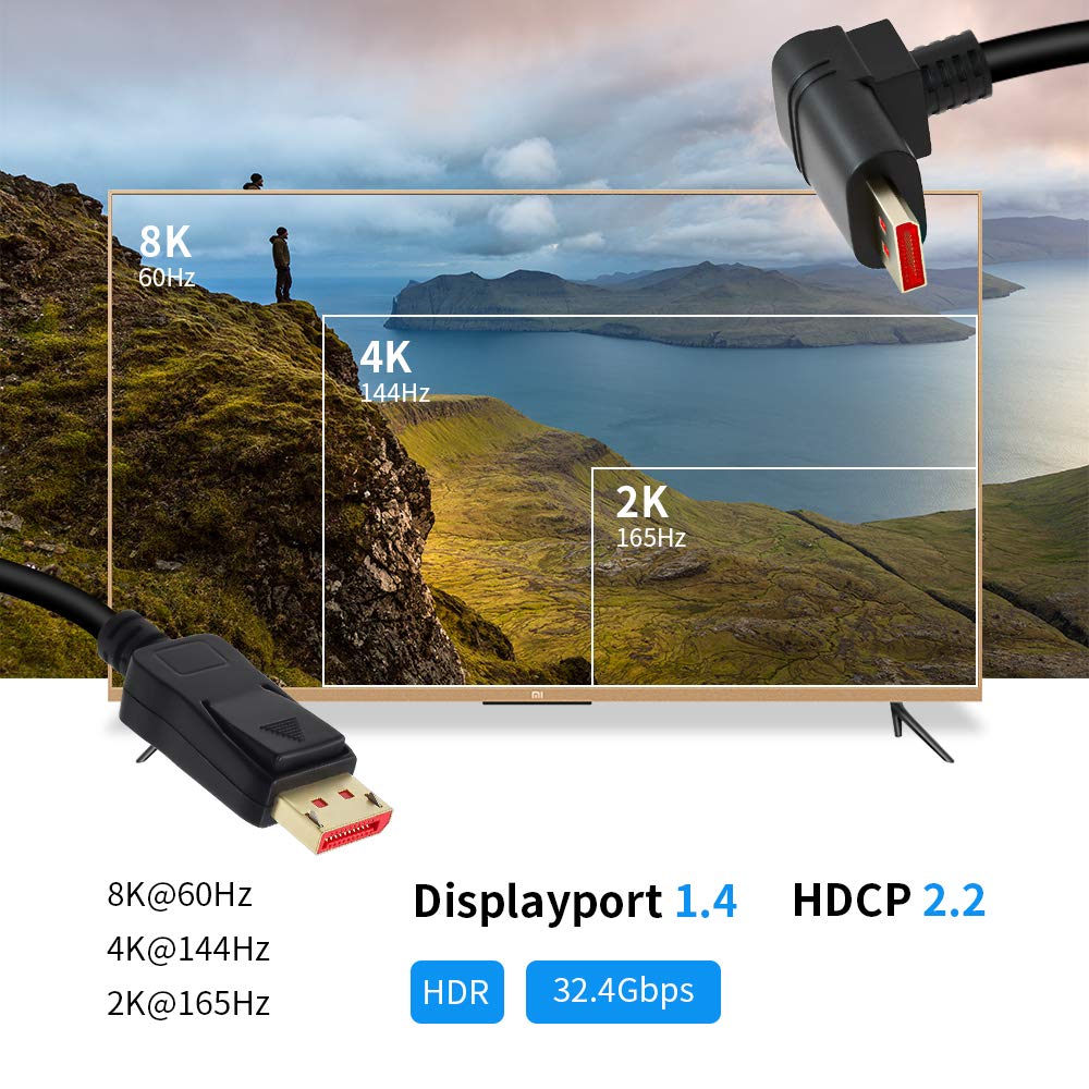 ALYYDBG 8K@60Hz 90 Degree Right Angle DP 1.4 Cable, Male to Male Right Angled Displayport 1.4 Cable Cord 8K@60Hz, 4K@144Hz, 2K@165Hz, 1.8M/6FT