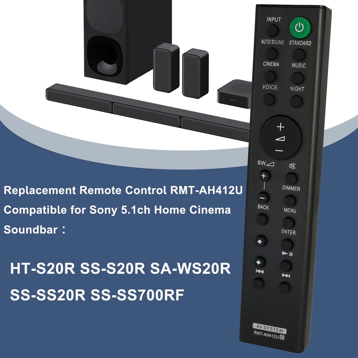 Replacement Remote Control RMT-AH412U Compatible for Sony 5.1ch Home Cinema Soundbar HT-S20R SS-S20R SA-WS20R SS-SS20R SS-SS700RF