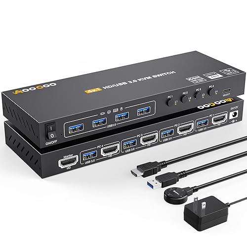 KVM Switch HDMI 4K@60Hz,KVM Switches for 4 Computers Share 1 Monitor and 4 USB3.0 Devices with Simulation EDID,Wired Remote and USB Cables, Power