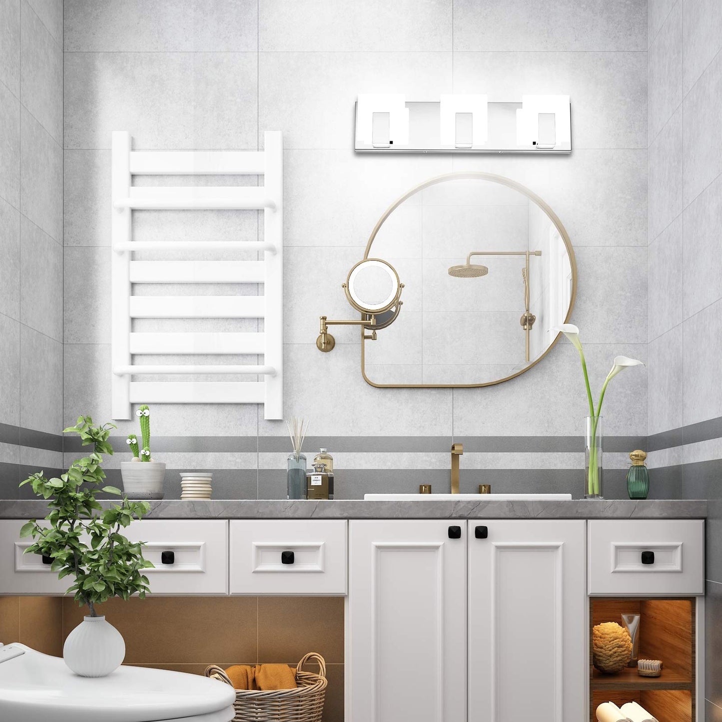 Aipsun 3 Lights Modern LED Vanity Light for Bathroom Frosted White Acrylic Chrome Up and Down Bathroom Wall Light Fixtures Over Mirror(White Light