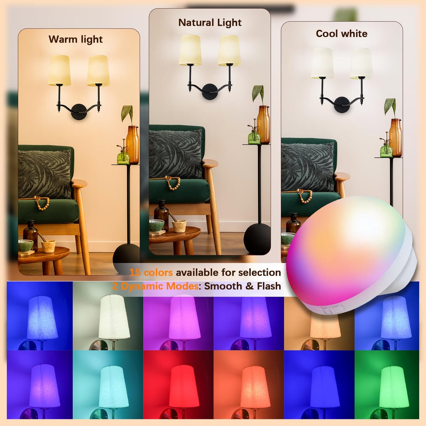 Troconce Wall Lights Battery Operated Wall Sconces 2-Light, Black Rechargeable Wall Sconce with 15 RGB Dimmable Detachable Bulbs and Remote, Wireless
