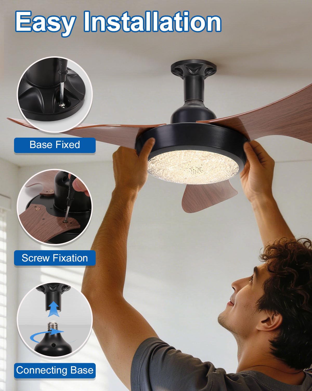 FIALAME Ceiling Fans with Lights, 25" Socket Fan Light with Remote Control, 3CCT, Dimmable, 3 Speeds, Memory, LED Quiet Screw in Fan Light