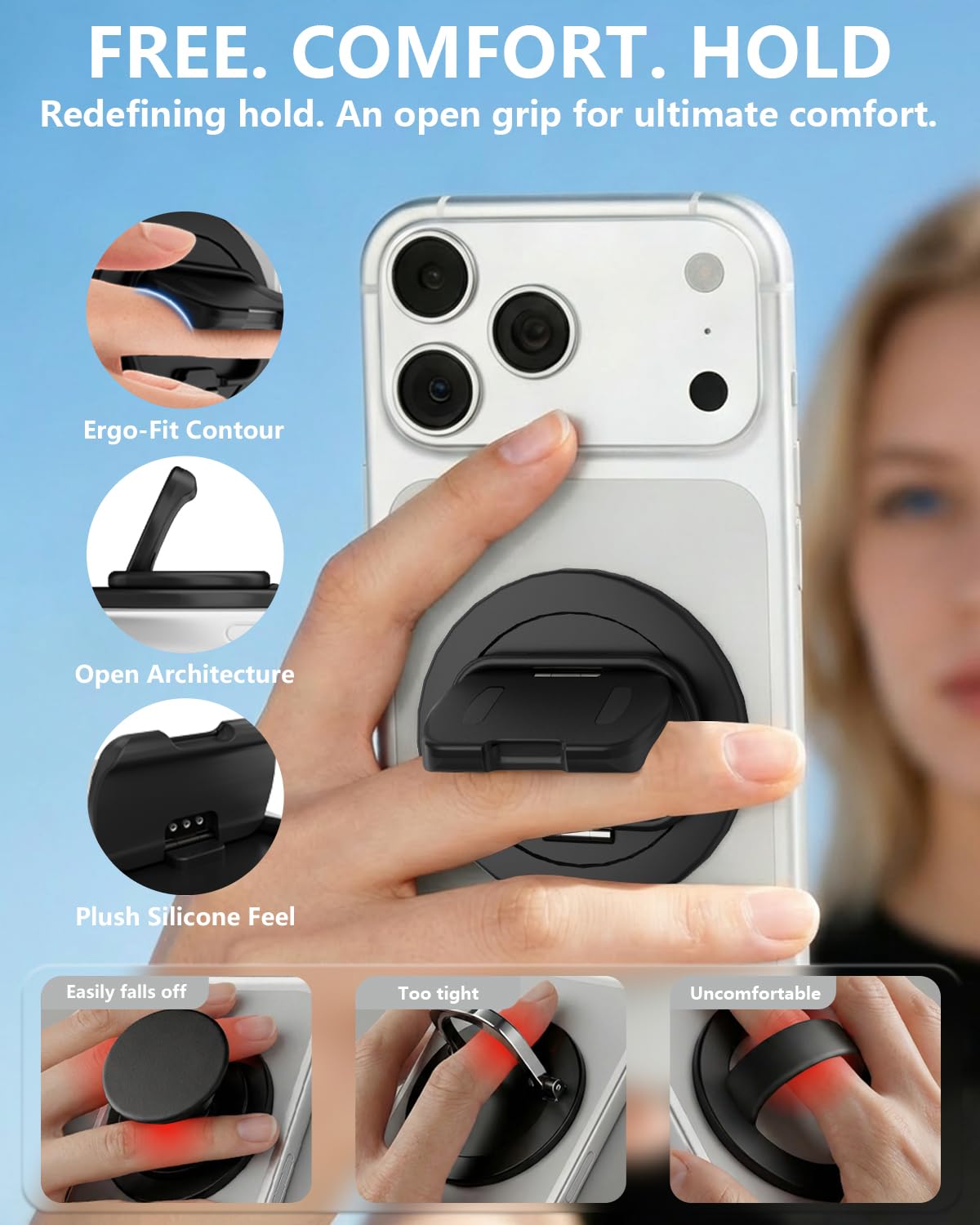 SEMBO Magnetic Phone Ring Holder with Kickstand for MagSafe, Two-Sided Magnet, 360° Rotation Comfortable Flip Out Silicone Plate Finger Grip Gym