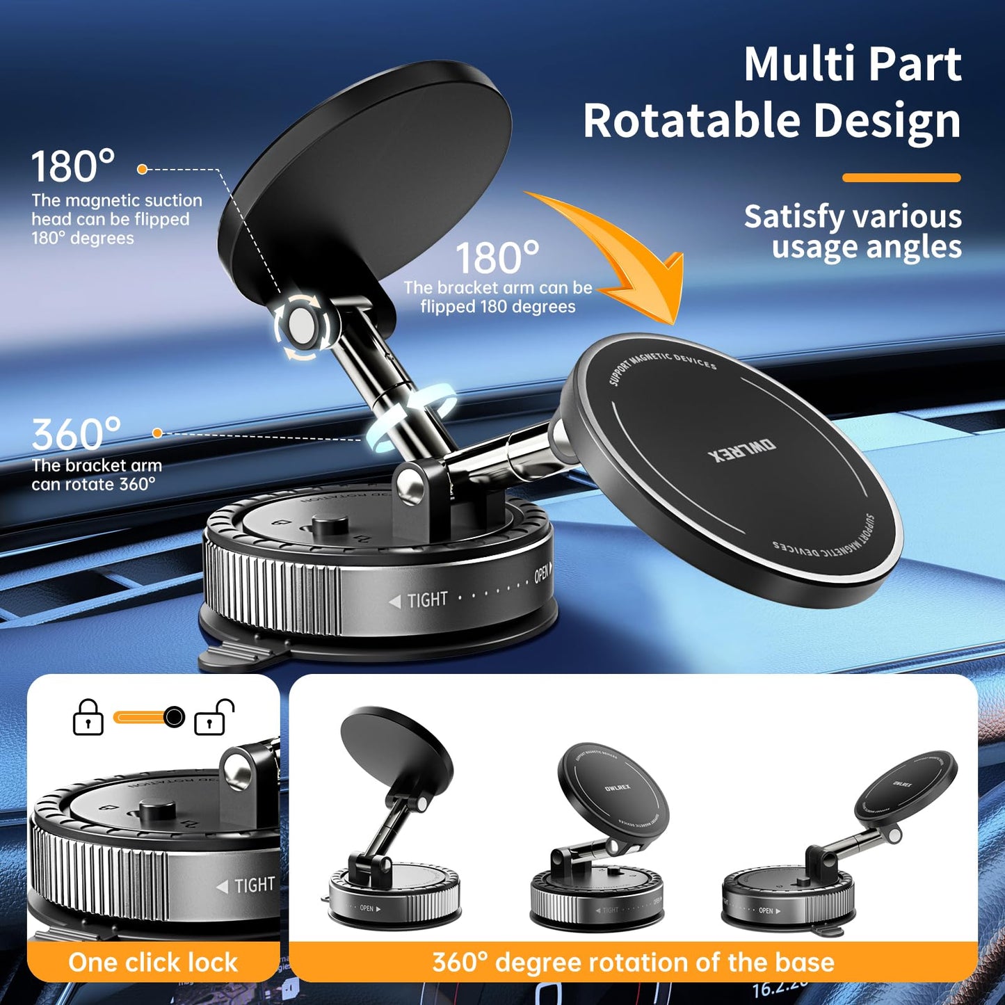 OWLREX Magnetic Phone Holder for Car, Vacuum Suction Cup Magsafe Car Phone Mount with Strong Magnet 360° Rotatable Phone Holder for iPhone 15/14/13