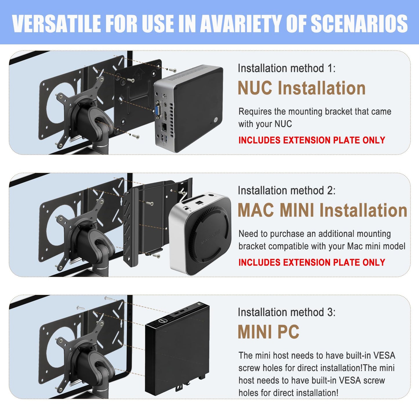 Freejia VESA Bracket 75x75 and 100x100 for Intel NUC, VESA Mount Extender Monitor Arm Extension Plate Adapter Fits VESA Pattern for Mini PC Computer