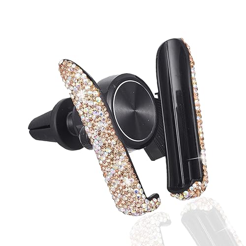 ATMOMO Gold with AB Color Plated Bling Crystal Car Phone Mount Universal Air Vent Car Phone Holder Dashboard Phone Mount Stand Holder