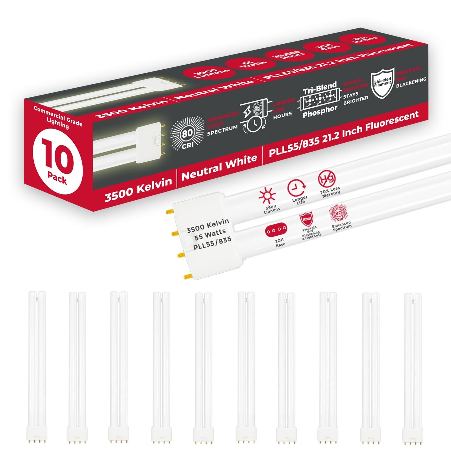 GoodBulb PLL55/835 55W 21.2" Twin Tube Compact Fluorescent Light Bulb 4-pin 2G11 Base 3500K Neutral White 3900 Lumen 36000 Hour Long Life Biax Pack