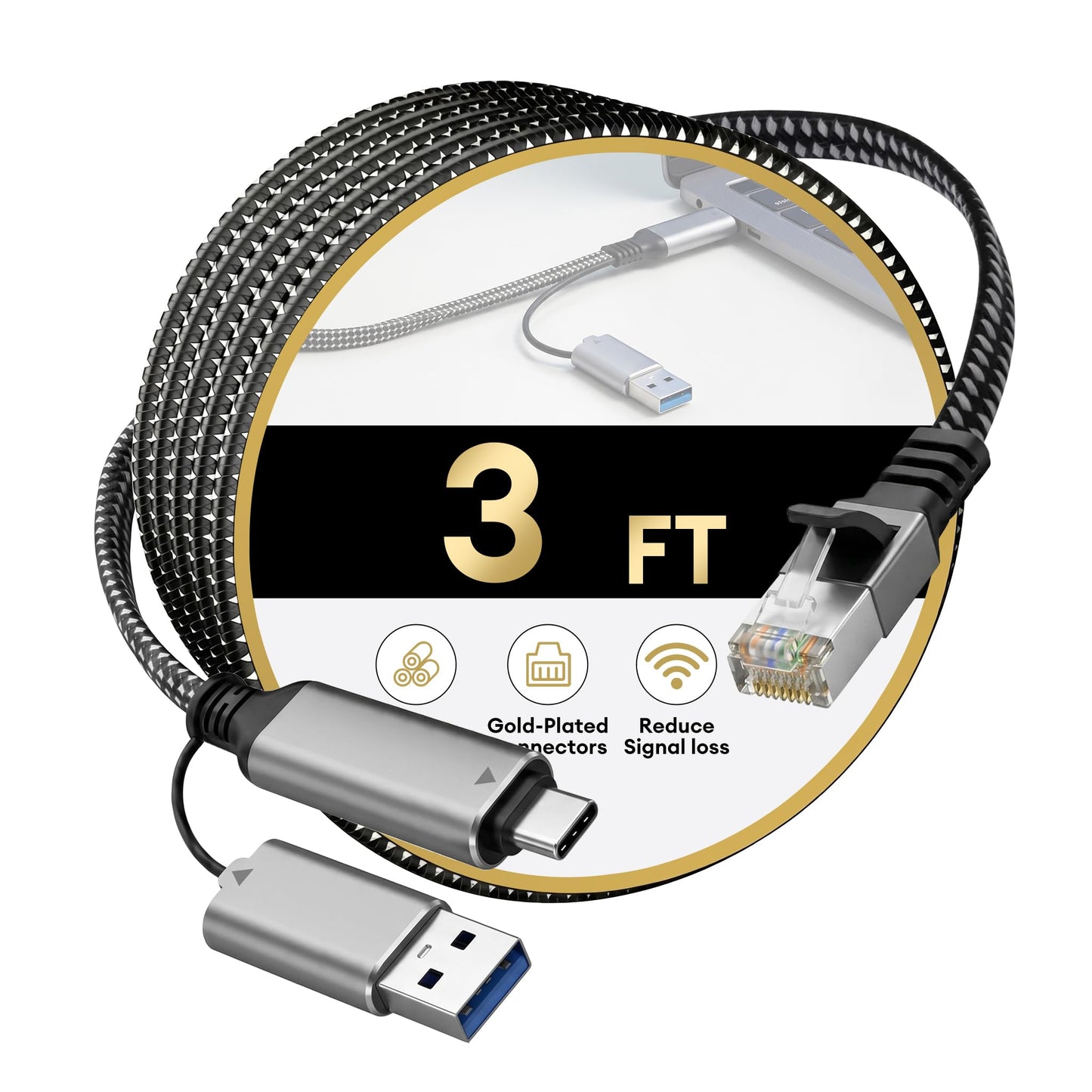 Molltto USB 3.0 to Ethernet Adapter Cable 3FT, USB C & USB A 2 in 1