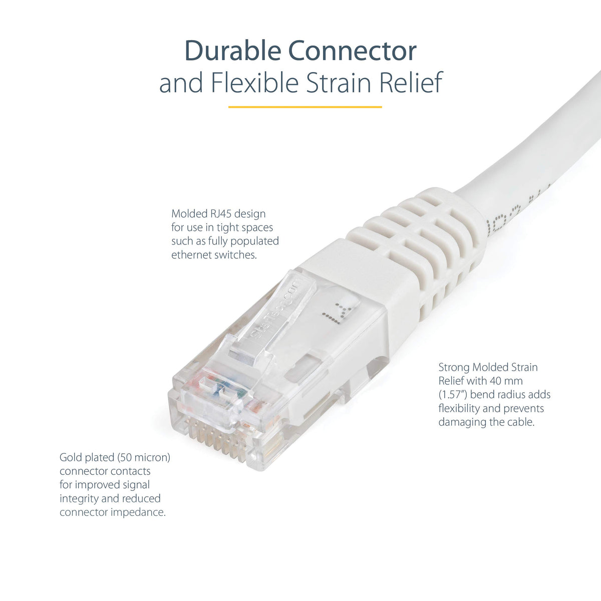 StarTech 100ft CAT6 Ethernet Cable - White CAT 6 Gigabit Ethernet Wire -250Mhz 100W PoE RJ45 UTP Molded Network Patch Cord with Strain Relief