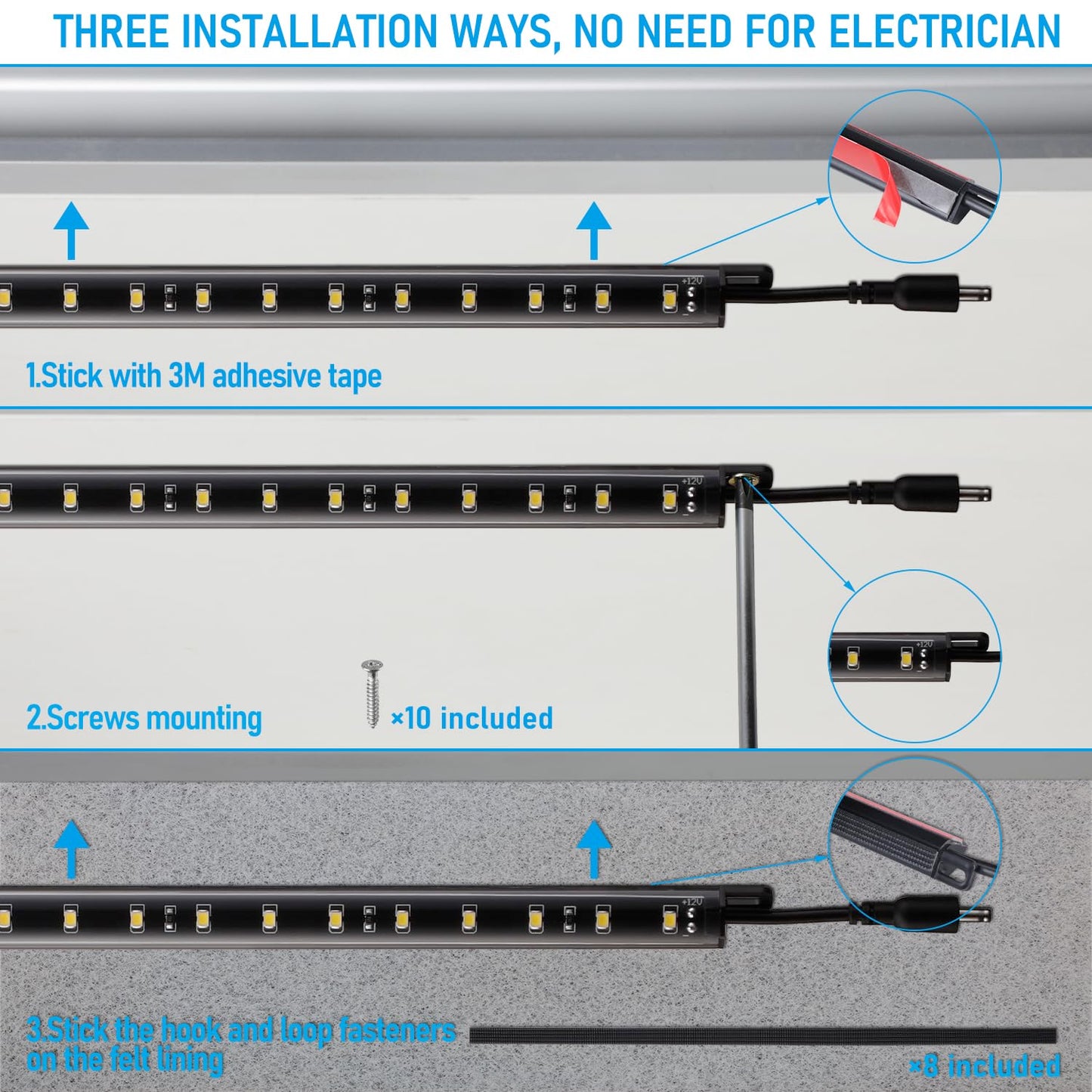 TORCHSTAR LED Safe Lighting Kit, (4) 12 Inch Linkable Light Bars + Rocker Switch + UL Power Adapter, 600LM, Input 100-240V, for Under Cabinet Gun Safe