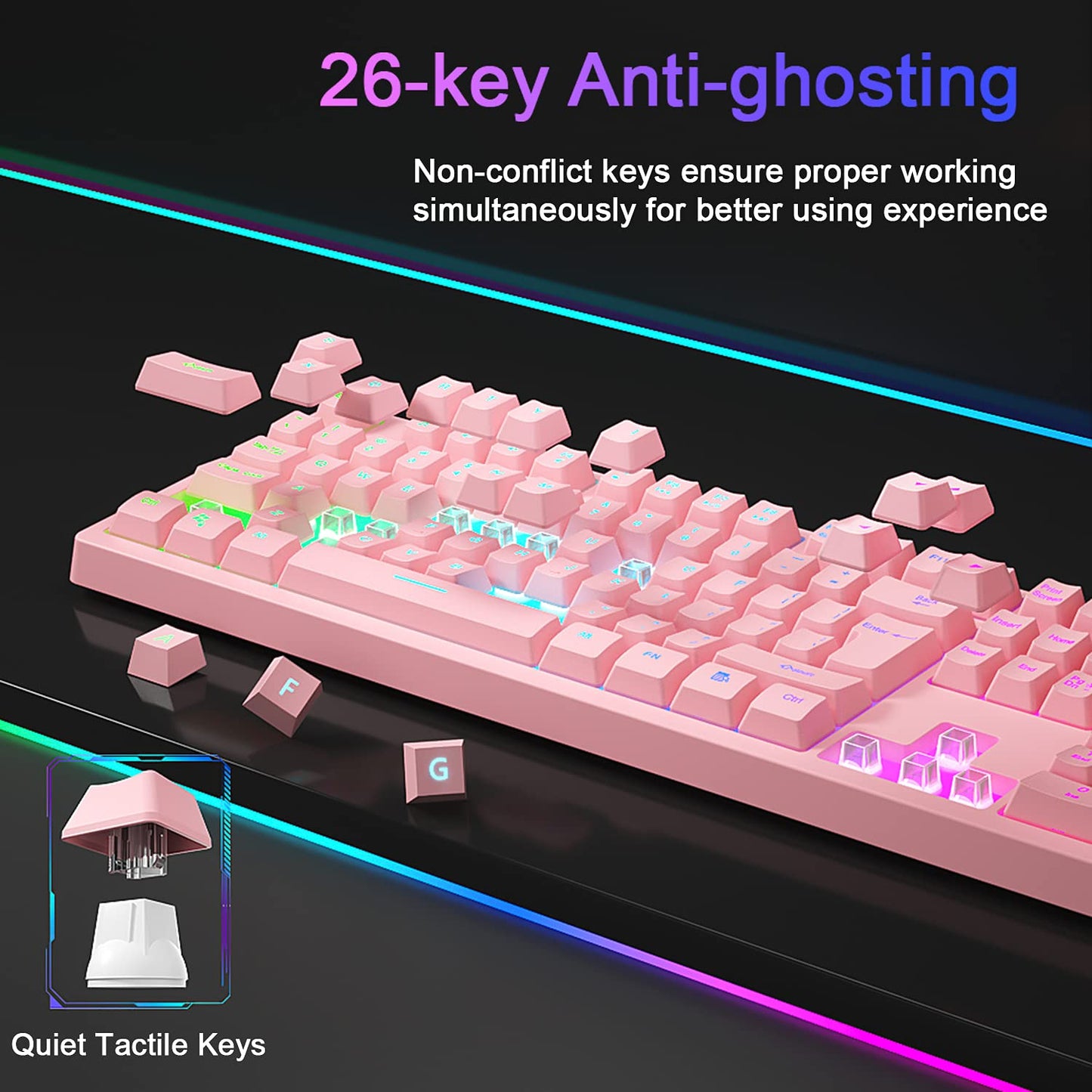 LORERAN Gaming Keyboard and Mouse Combo Pink, Gaming Keyboard LED Colorful Lights Backlit Wired Pink Keyboard Kawaii and Cute Keyboard Adjustable