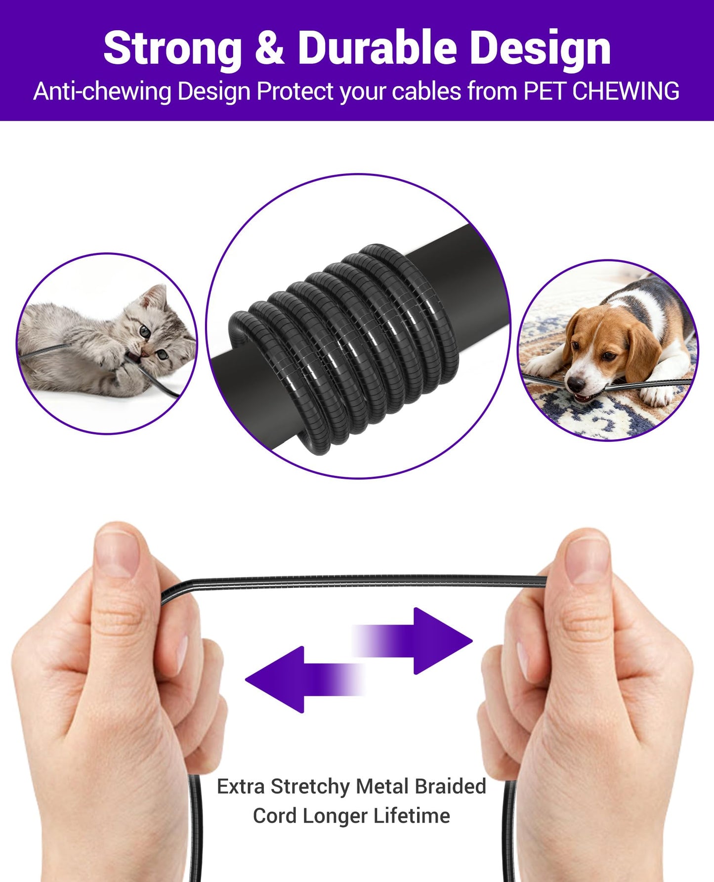 Metal USB C Cable Chew Proof Charging Cord, 6.6ft USB-C to USB-C Cord with PD 60W Fast Charging & Data Sync, Tangle-Free Dog Cat Chew Proof Phone