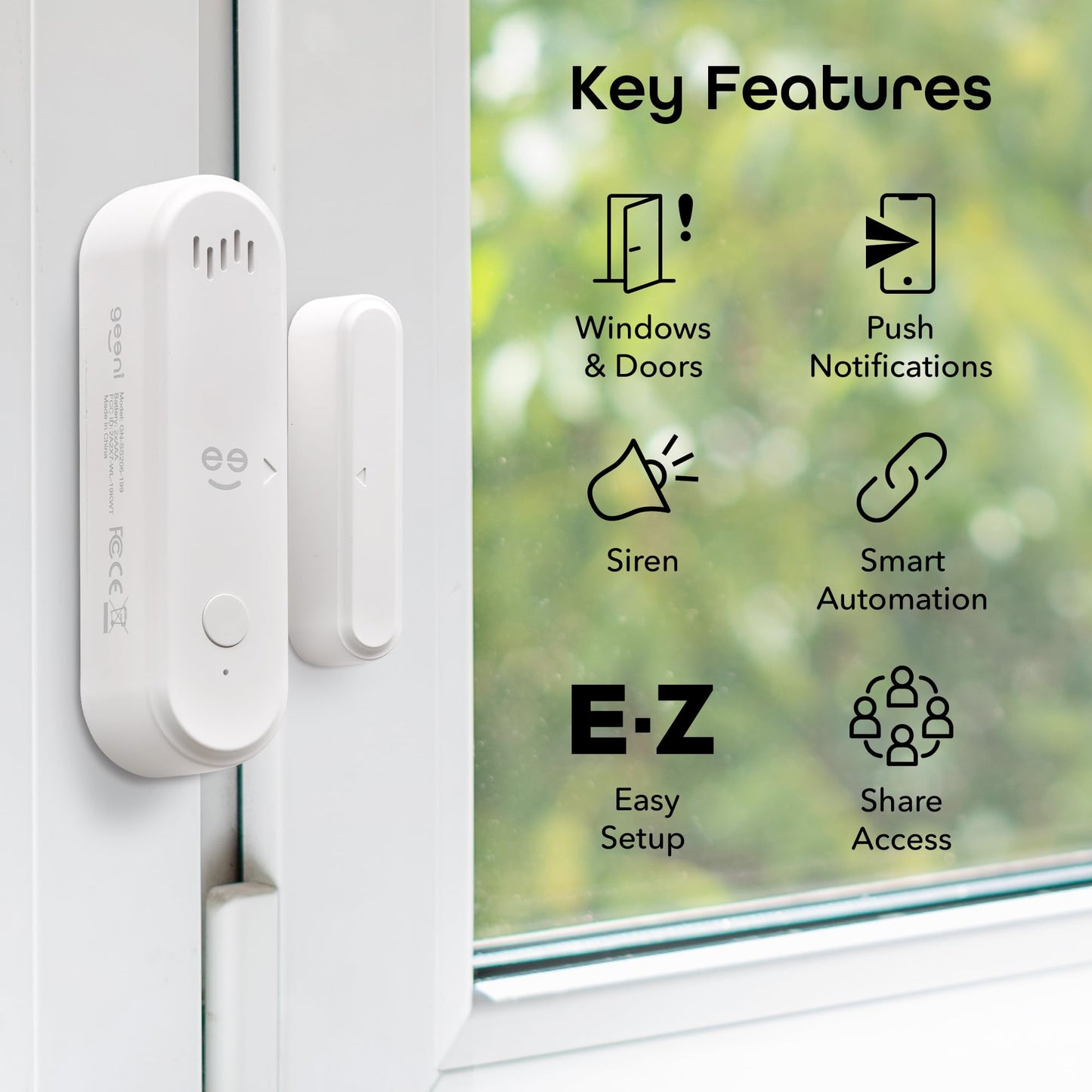 Geeni Smart Door and Window Sensor Alarm 2 Pack WiFi Battery Powered Security Sensor with Siren, Instant Alerts, Alexa & Google Assistant Compatible