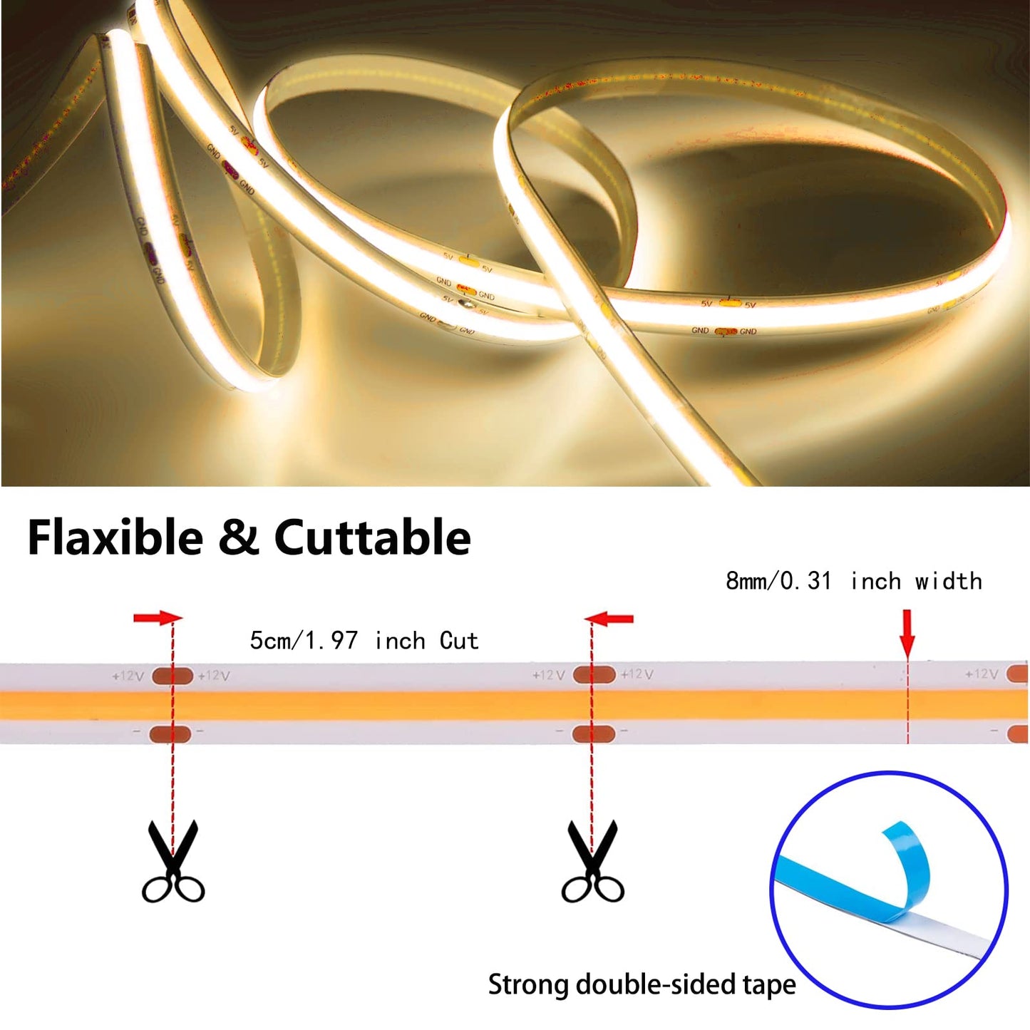 MDee?COB LED Strip Lights 6000K Cold White USB Powered 5V Flexible LED Tape Lights with USB Connector CRI 90+ 800LM/m 320LEDs/m for Indoor and Outdoor