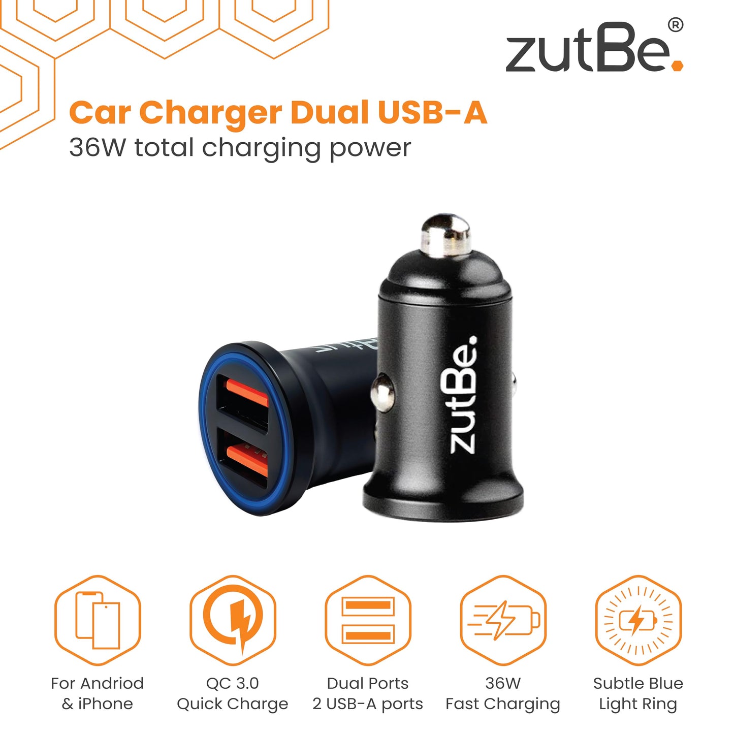 zutBe Dual USB-A 36W with one QC 3.0 Compact Metal Fast Car Charger for iPhone 14 13 12 SE 11 X 8 7 & iPad; Samsung Galaxy S20 S1 Note OnePlu, Pixe