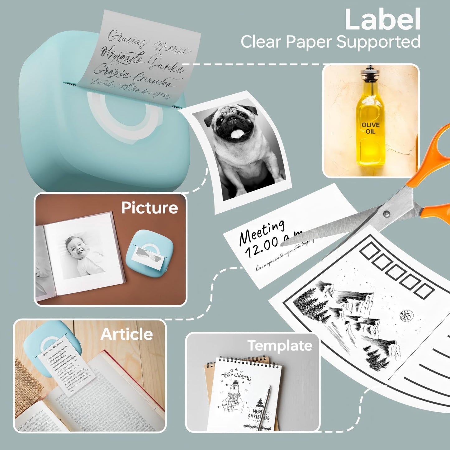 Cabaro Mini Printer Sticker Thermal Printer with 3 Rolls Paper, Bluetooth Portable Phone Print Pods,Study Sticker Maker for Pictures, Photos
