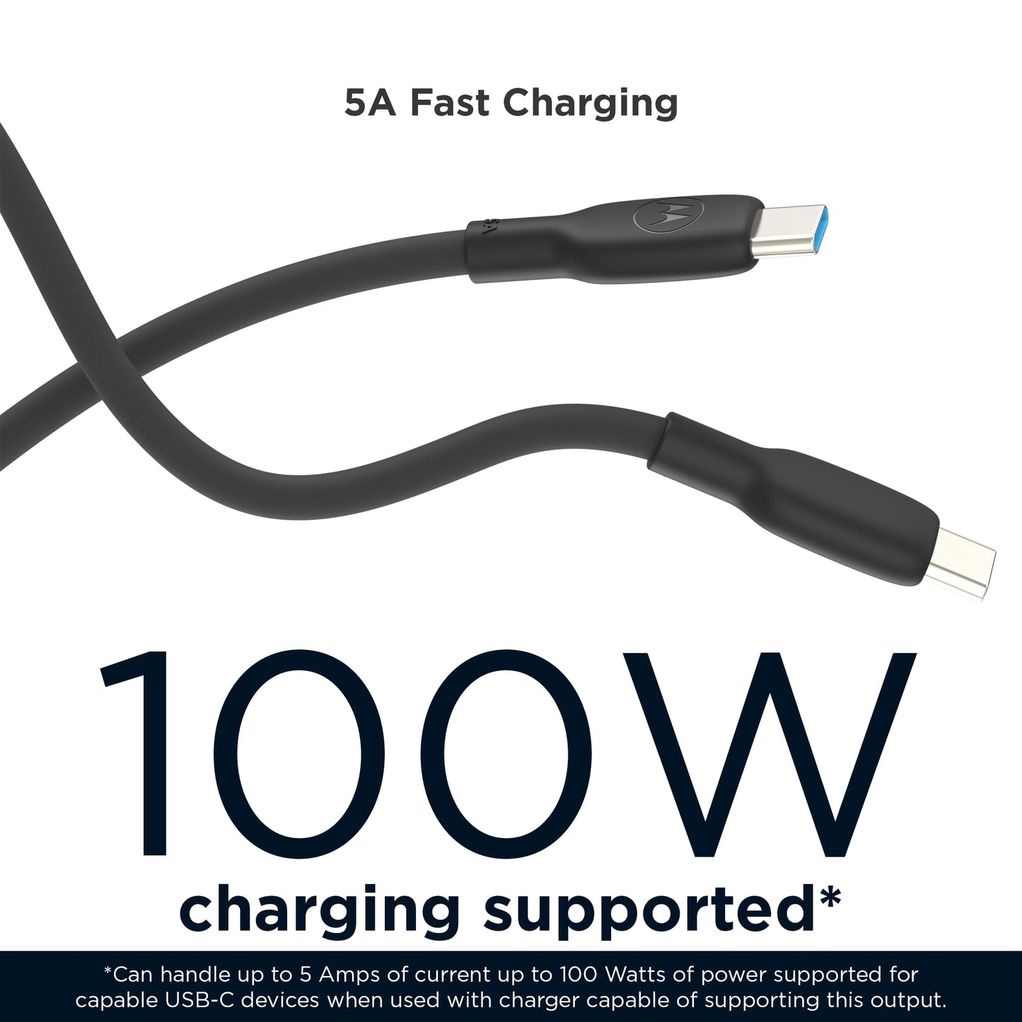 Motorola TurboPower Silicone 5A Black USB-C to USB-C Cable- 100W, 40k Bends, Flexible for Type C, Moto G Power, Play, Stylus,5G